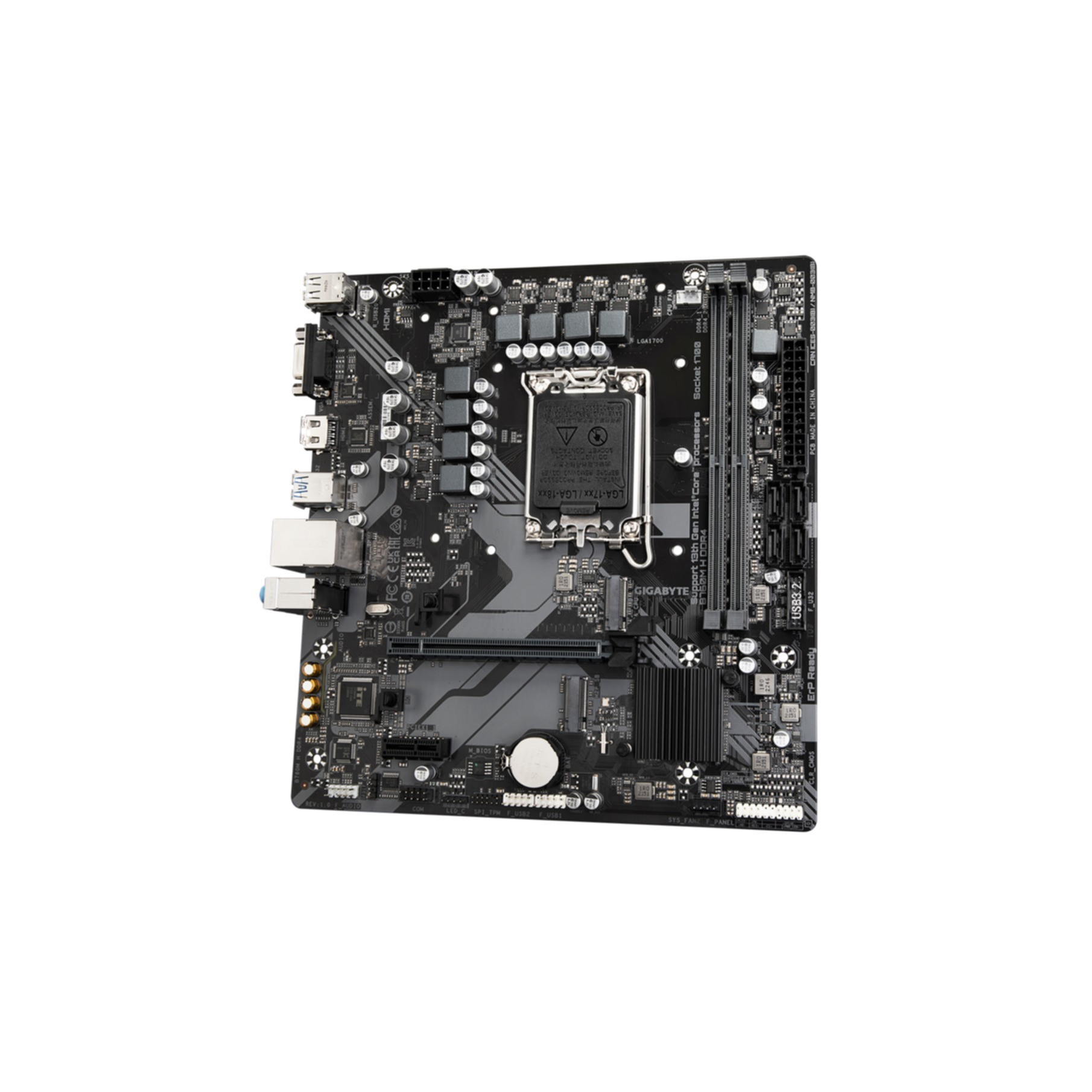 Czarna płyta główna z wieloma komponentami na białym tle.