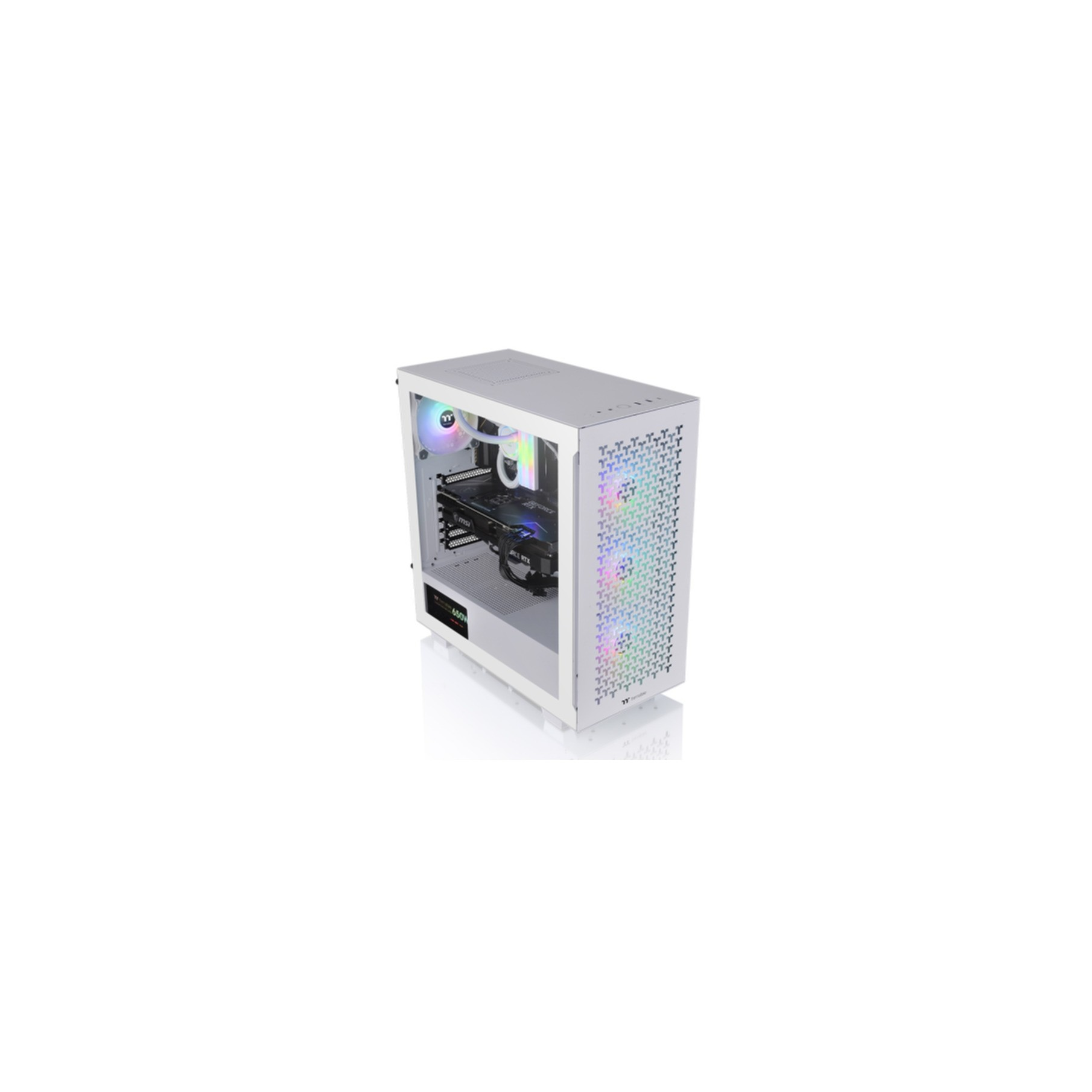 Biała obudowa komputera z podzespołami podświetlanymi przez RGB.