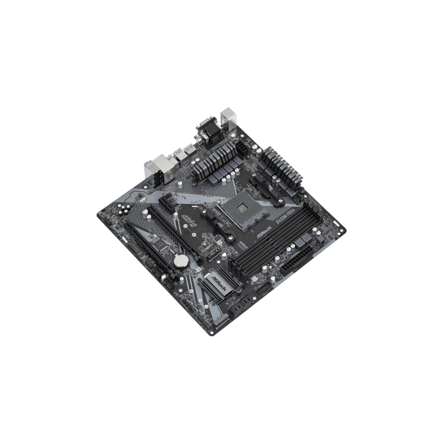Carte mère noire et grise avec composants et logo ASRock sur fond blanc.