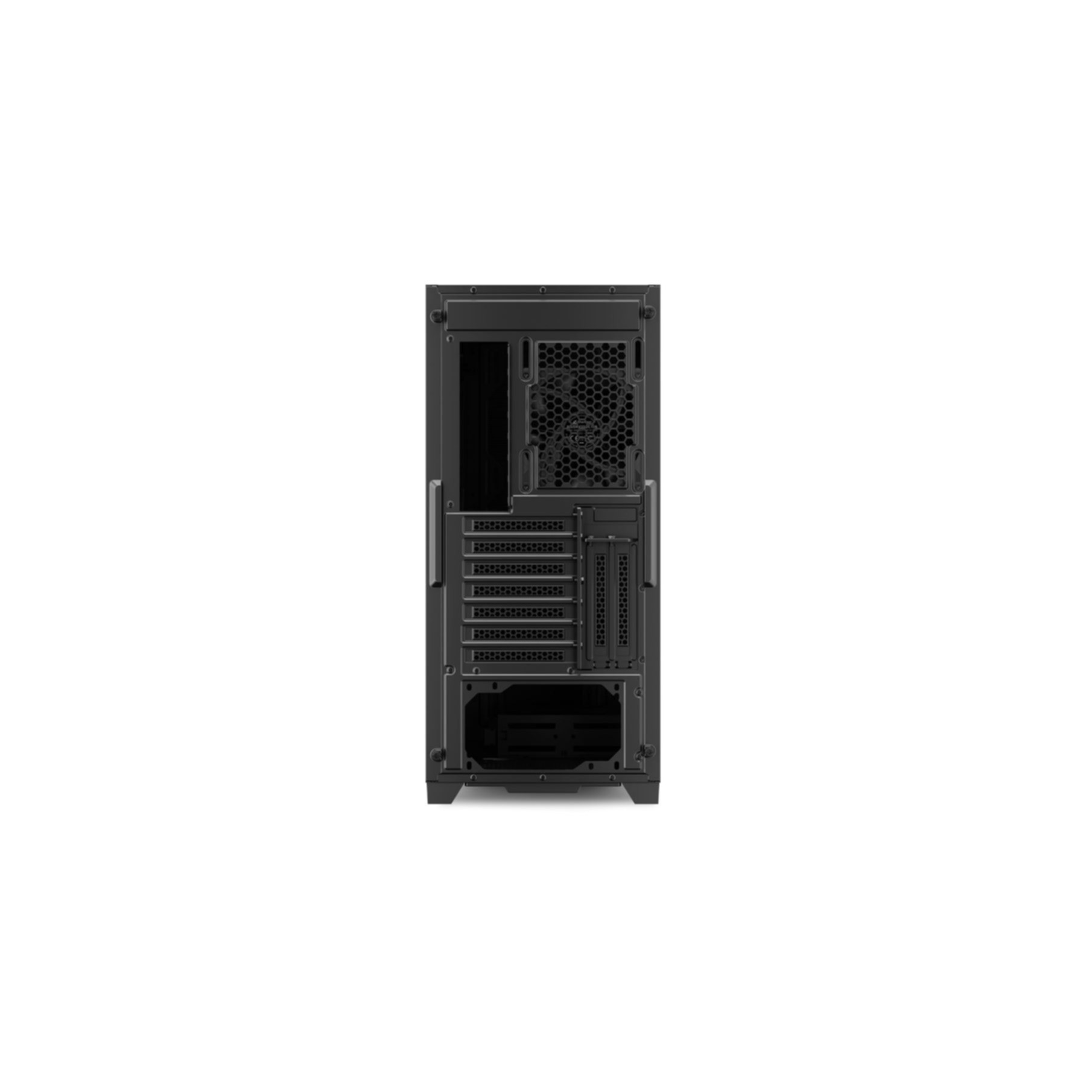 Czarna obudowa komputera, widok z tyłu. Posiada mocowania wentylatorów i otwory na komponenty.