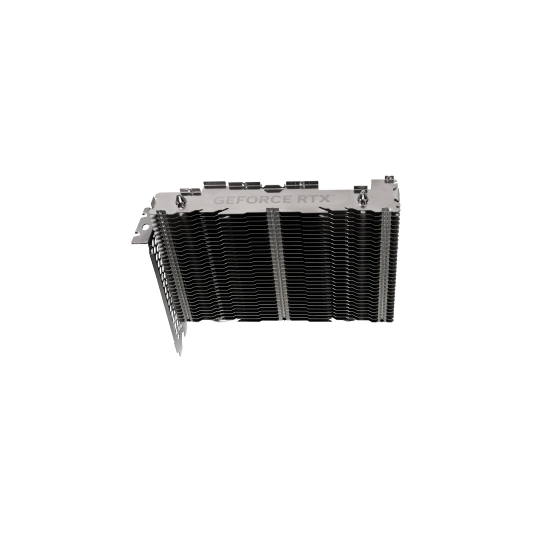 Srebrna karta graficzna z radiatorem, widok z boku. Białe tło.