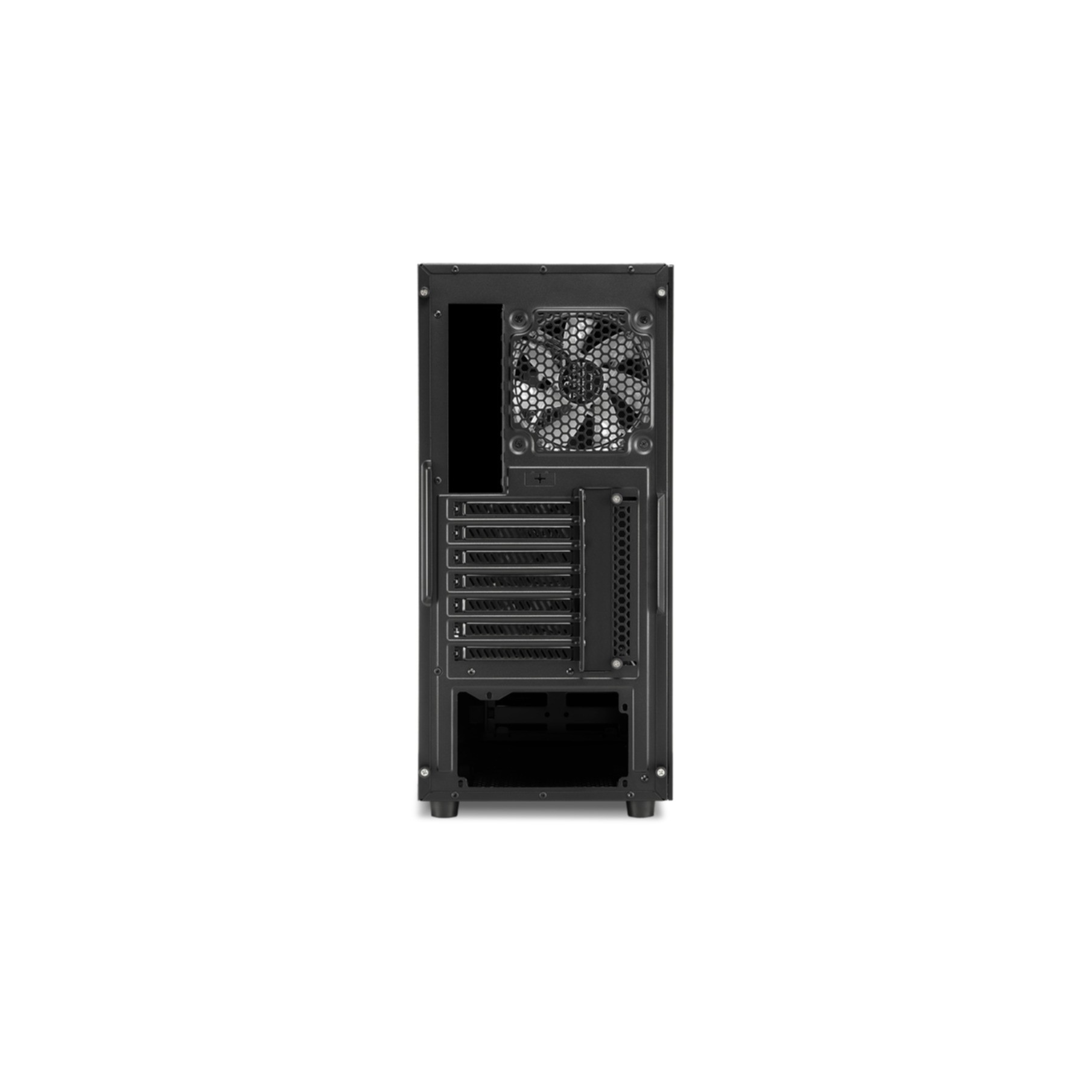 Die Rückseite eines schwarzen Computergehäuses mit Lüfter und Erweiterungssteckplätzen.