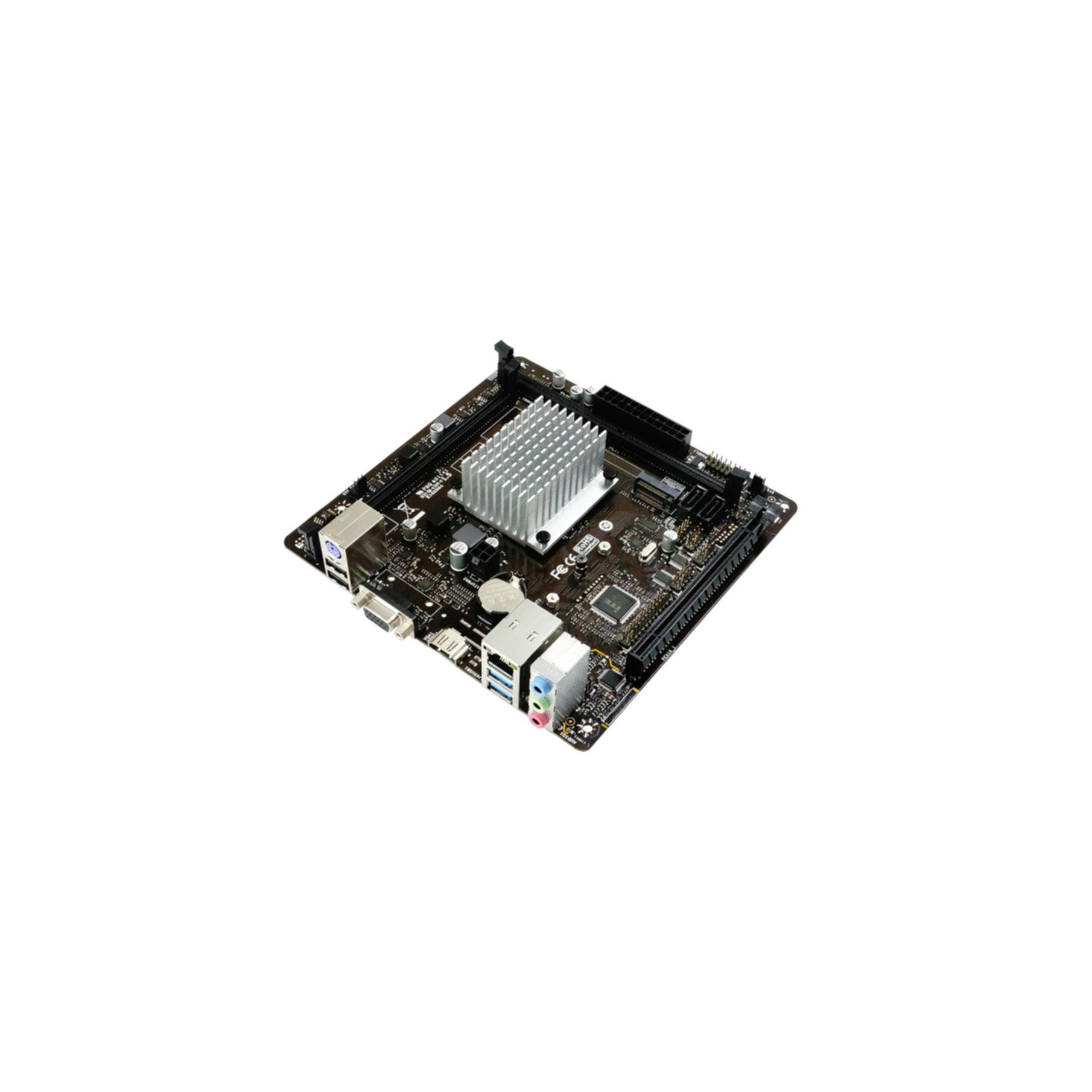 Pokazano płytę główną komputera. Jest czarna i ma radiator. Widoczne są różne porty.