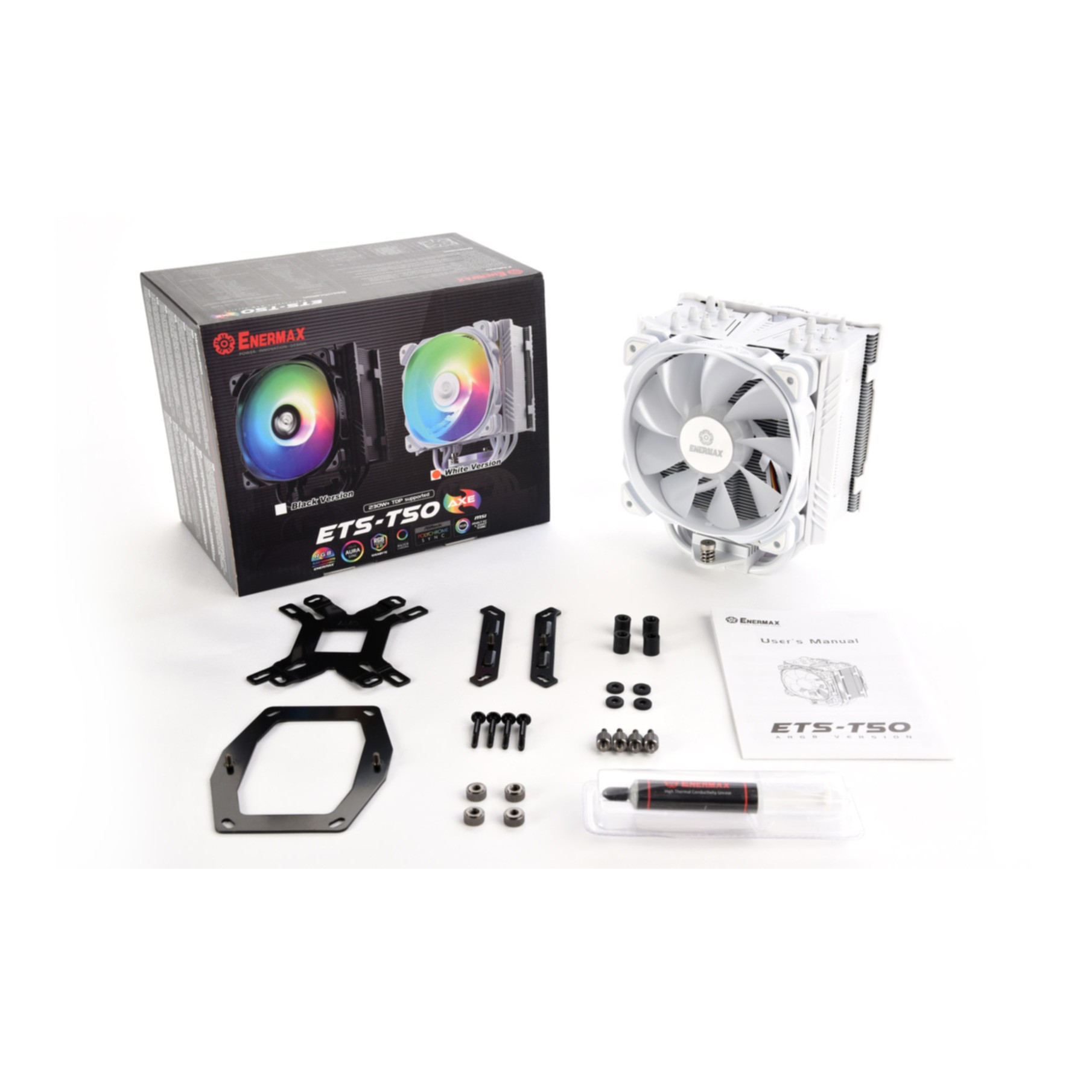 Kühlerbox mit Kühler und Zubehör auf weißem Hintergrund, mit RGB.