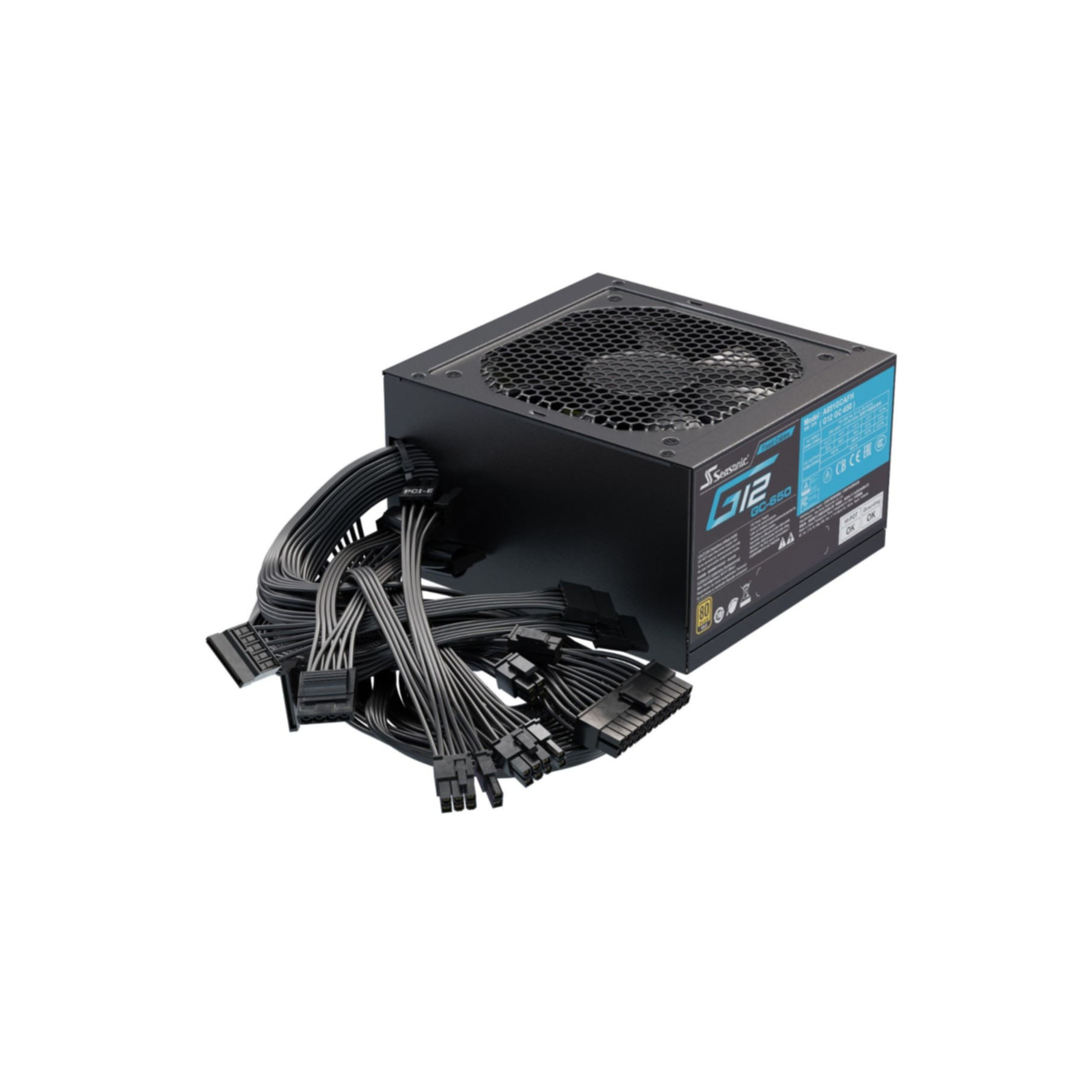 Alimentatore nero con cavi collegati, con il logo Seasonic.