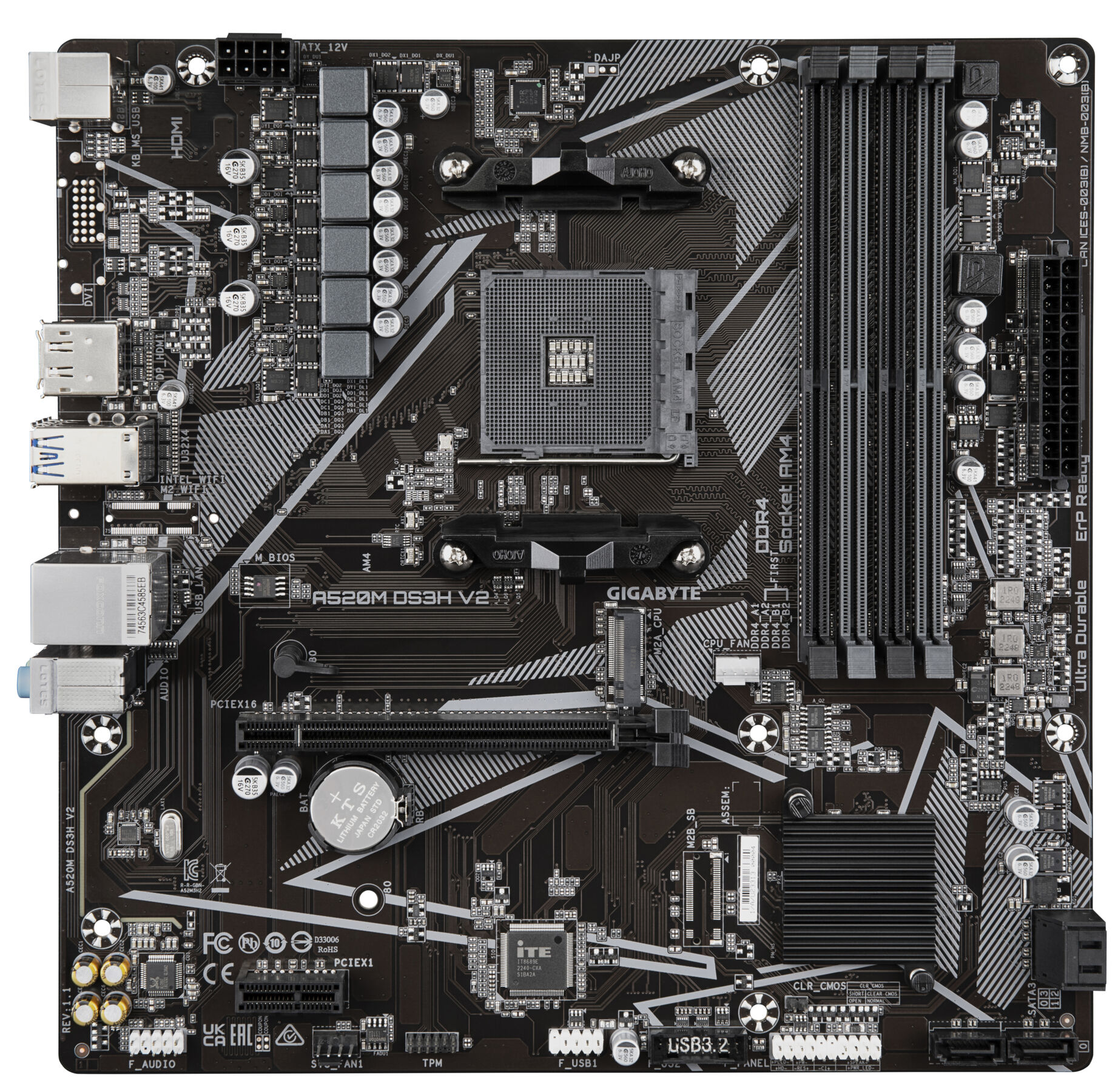 Placa base GIGABYTE negra y gris con varios puertos y componentes.