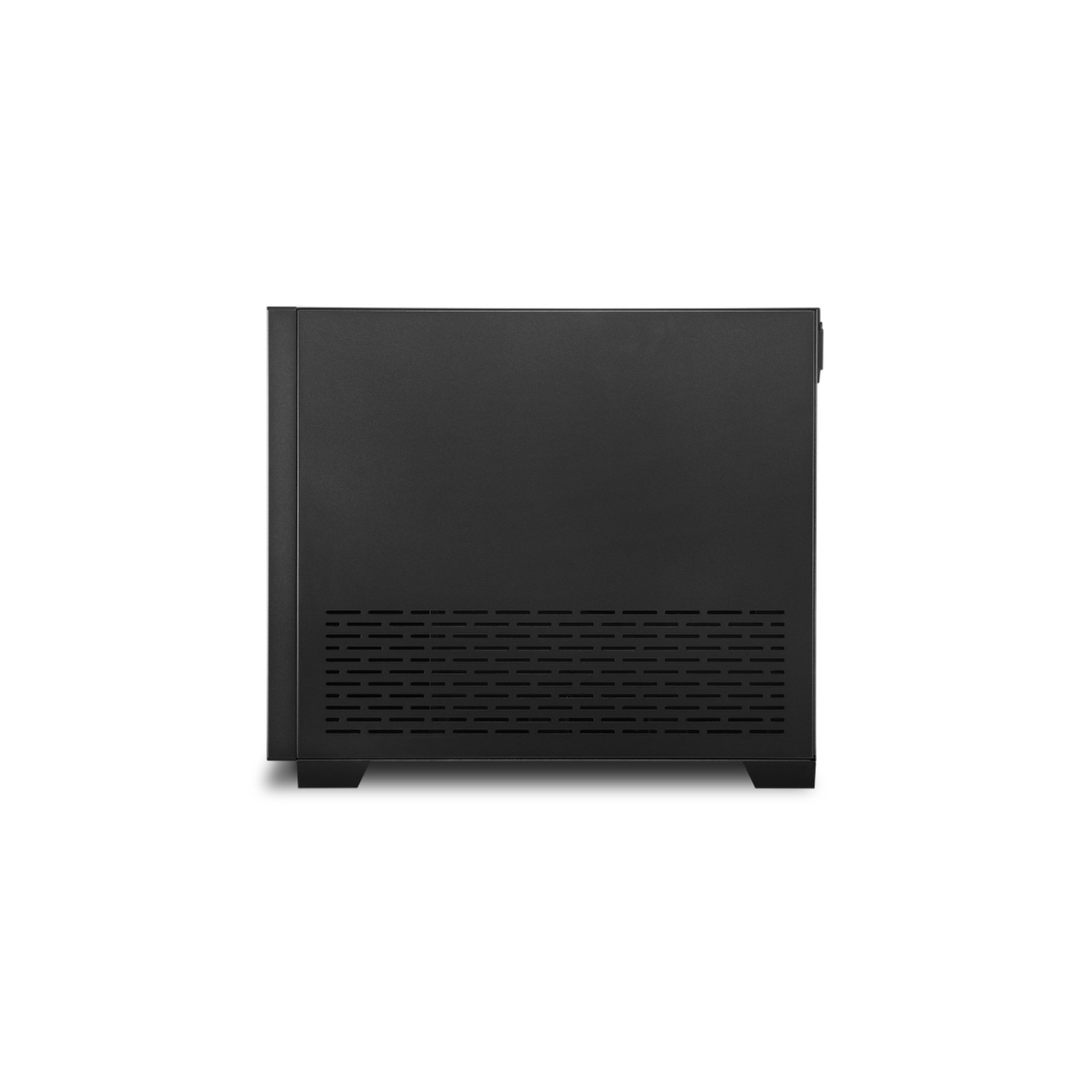 Un case per computer nero, vista frontale, con fessure nella parte inferiore.