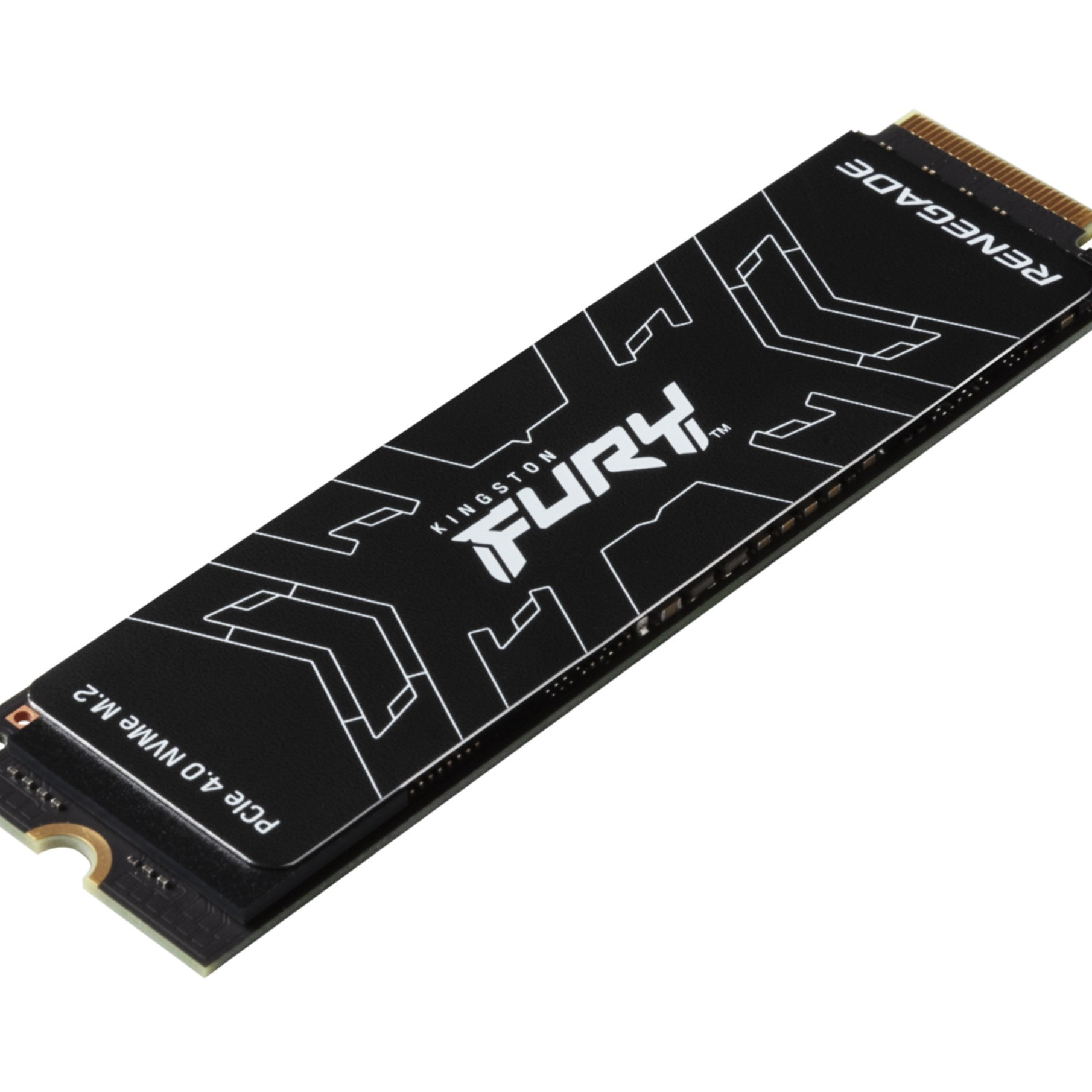 Czarny dysk SSD NVMe M.2 Kingston Fury Renegade z białym tekstem i wzorem.