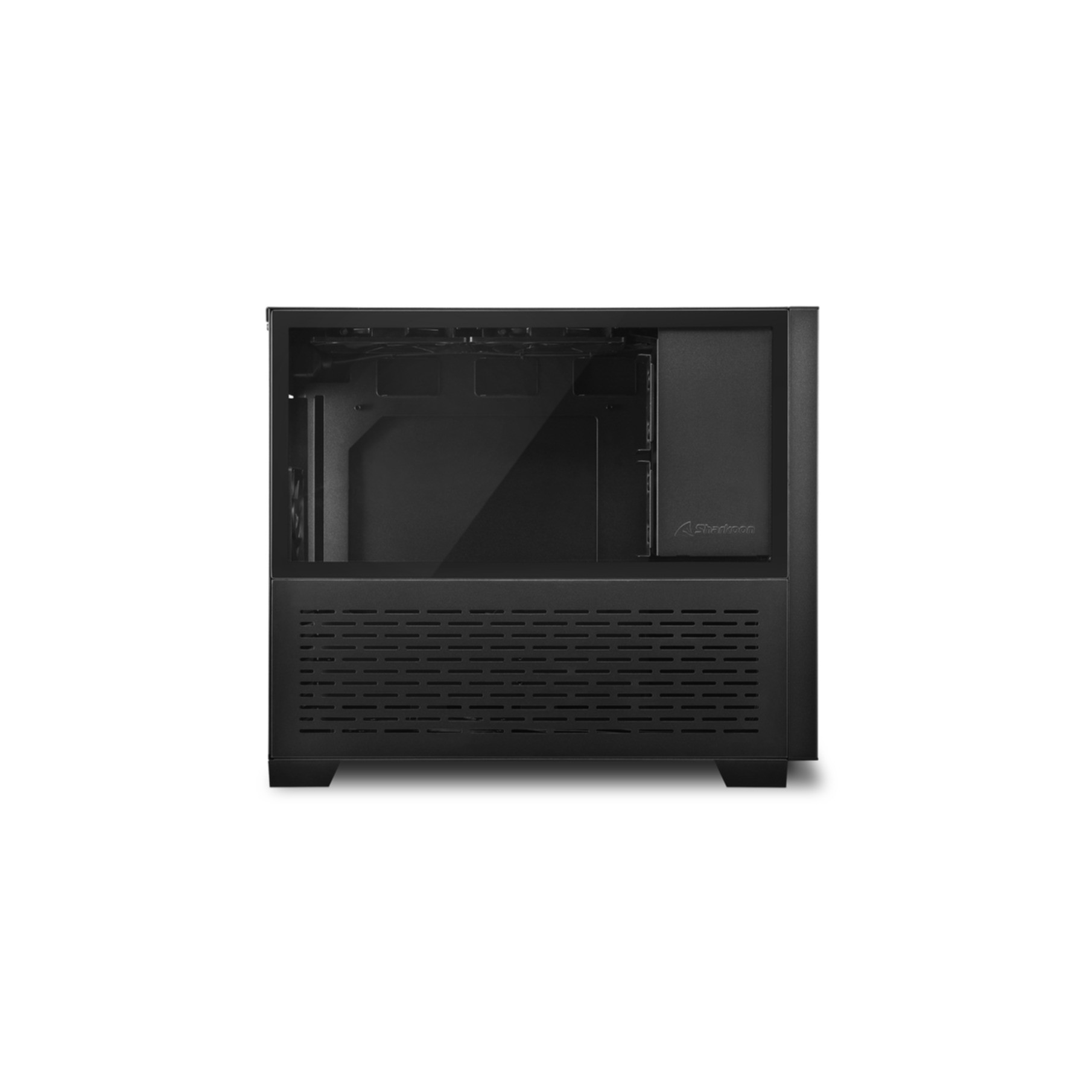 Ein schwarzes Computergehäuse mit einer Glas-Seitenwand.