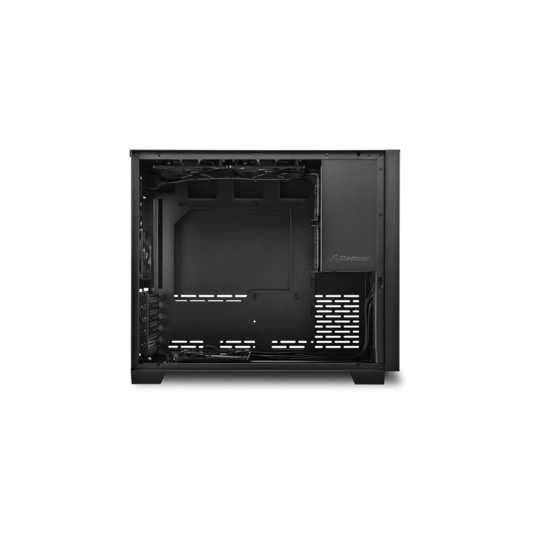 Case per computer nero vuoto con lato aperto, interno visibile, sfondo bianco.