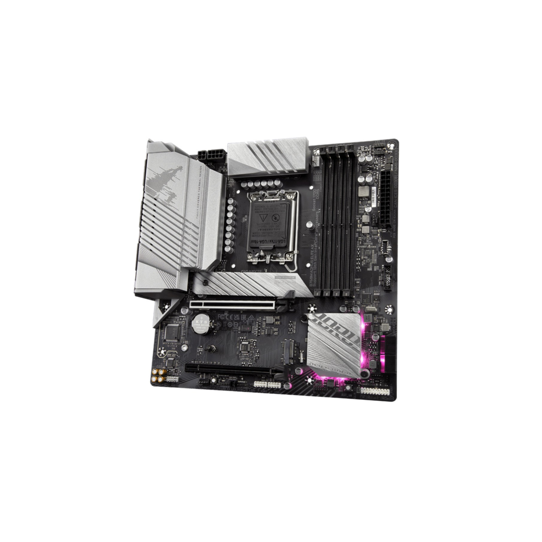 Placa base negra con detalles plateados, varios puertos e iluminación rosa, sobre fondo blanco.