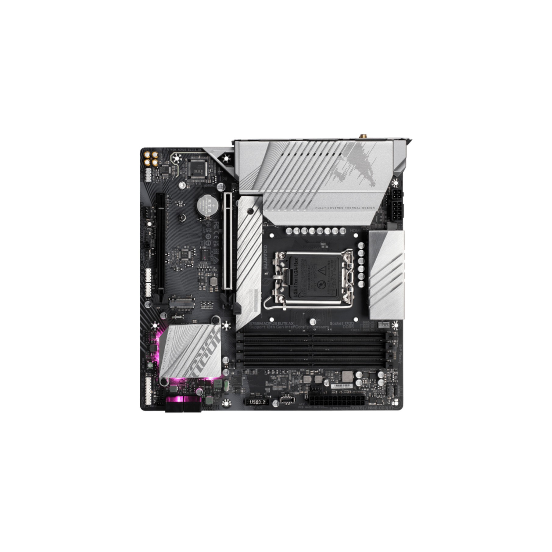 Una placa base de computadora plateada y negra con varios componentes.