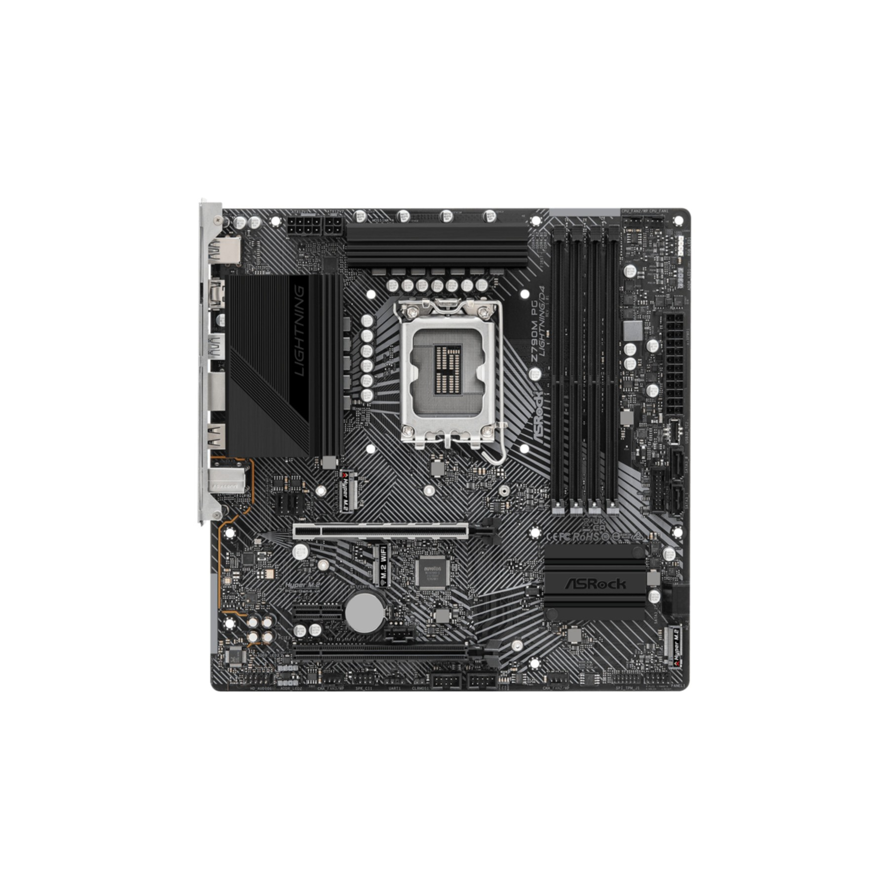 Scheda madre ASRock. Design nero e grigio. Vista dall'alto, isolata.