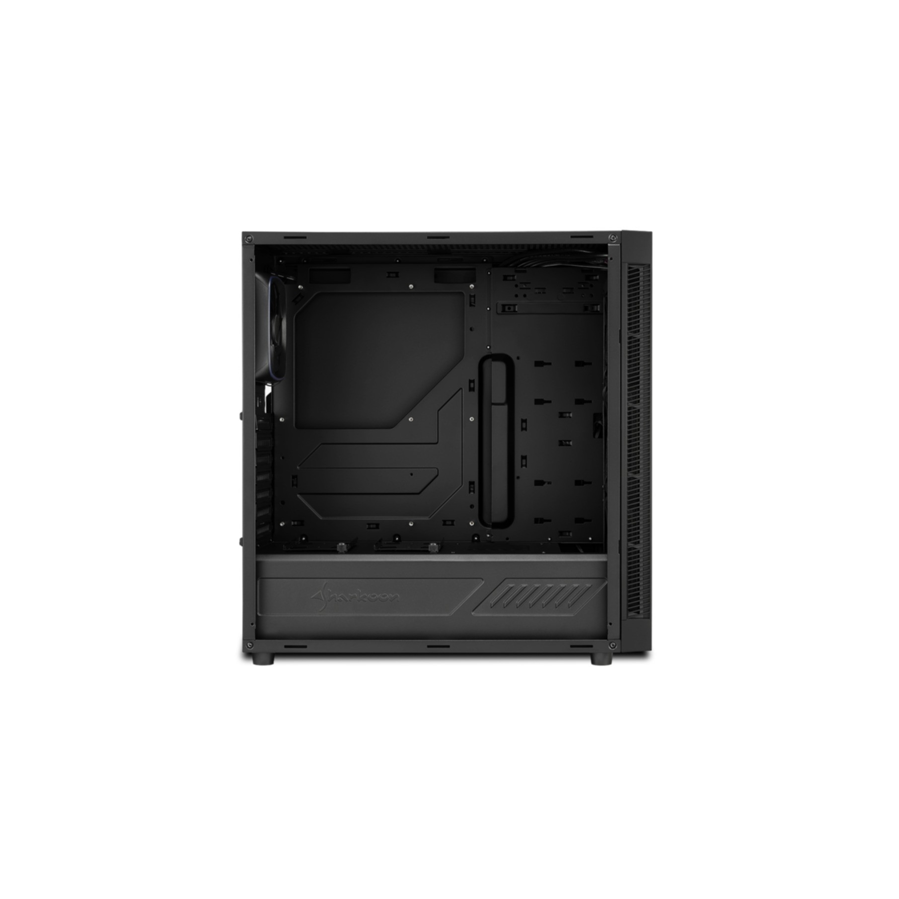 Un case per computer nero vuoto, interno visibile, sfondo bianco.