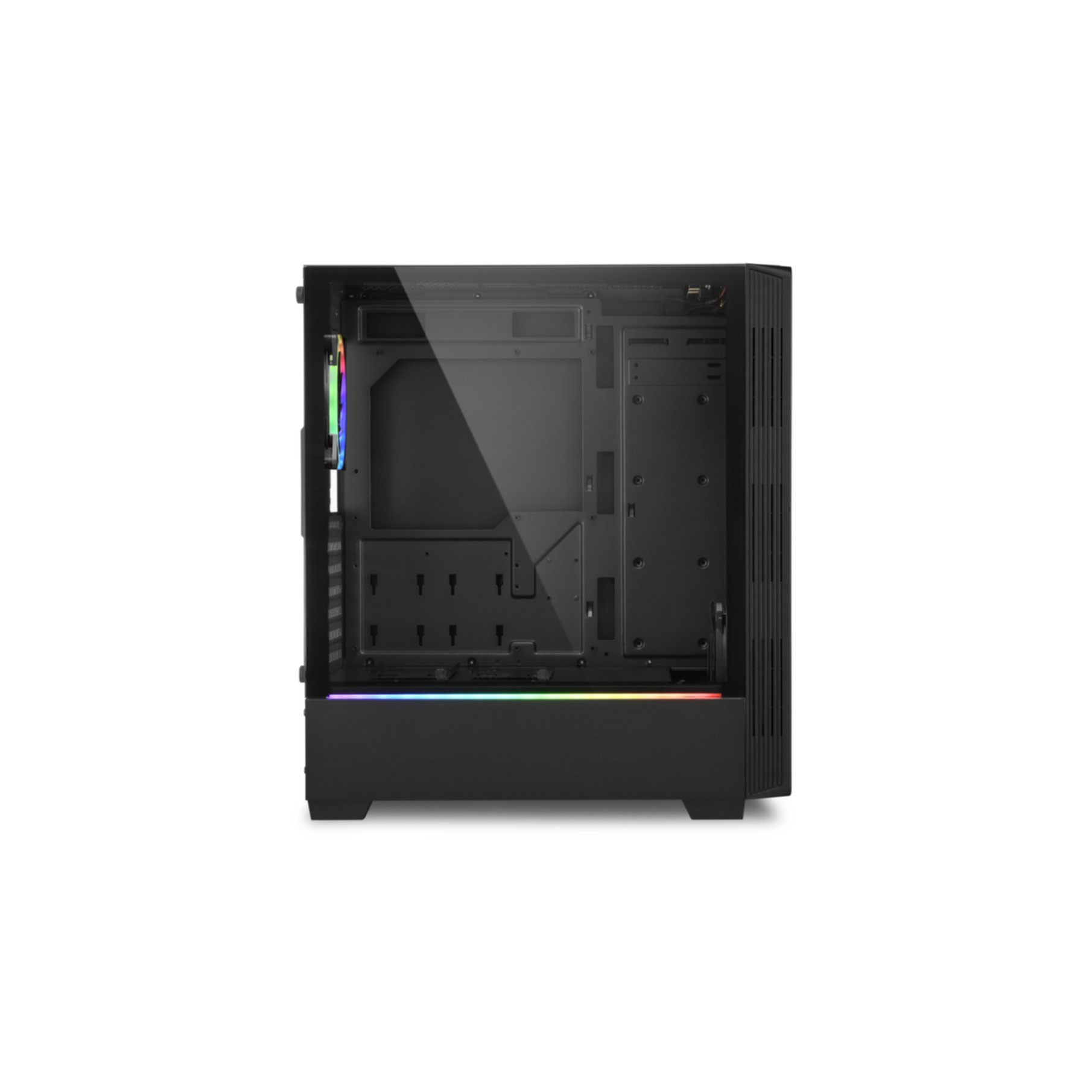 Offenes schwarzes Computergehäuse mit Komponenten und einem Regenbogen-LED-Streifen.