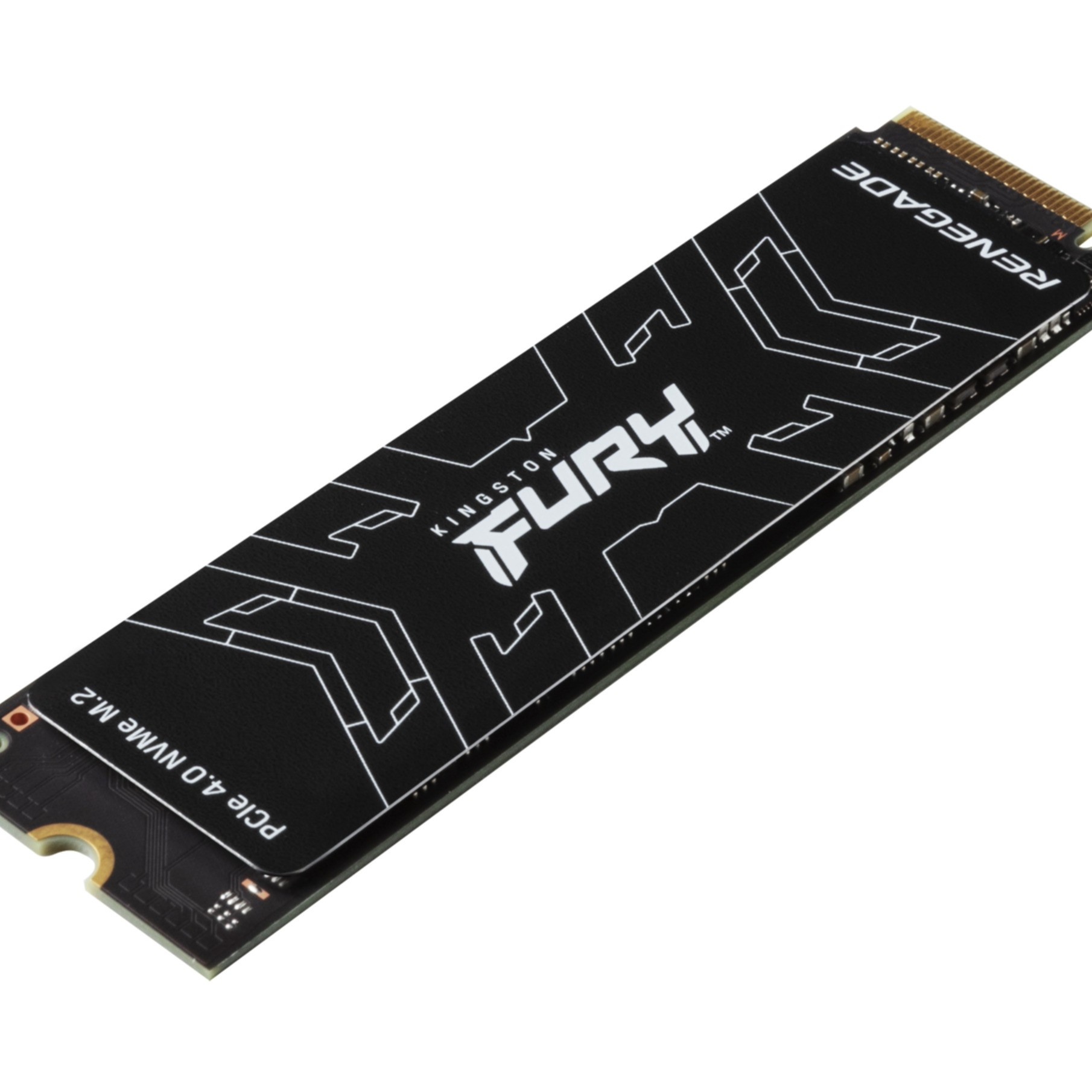 Czarny dysk SSD NVMe M.2 Kingston FURY Renegade. Posiada czarny radiator i biały tekst.