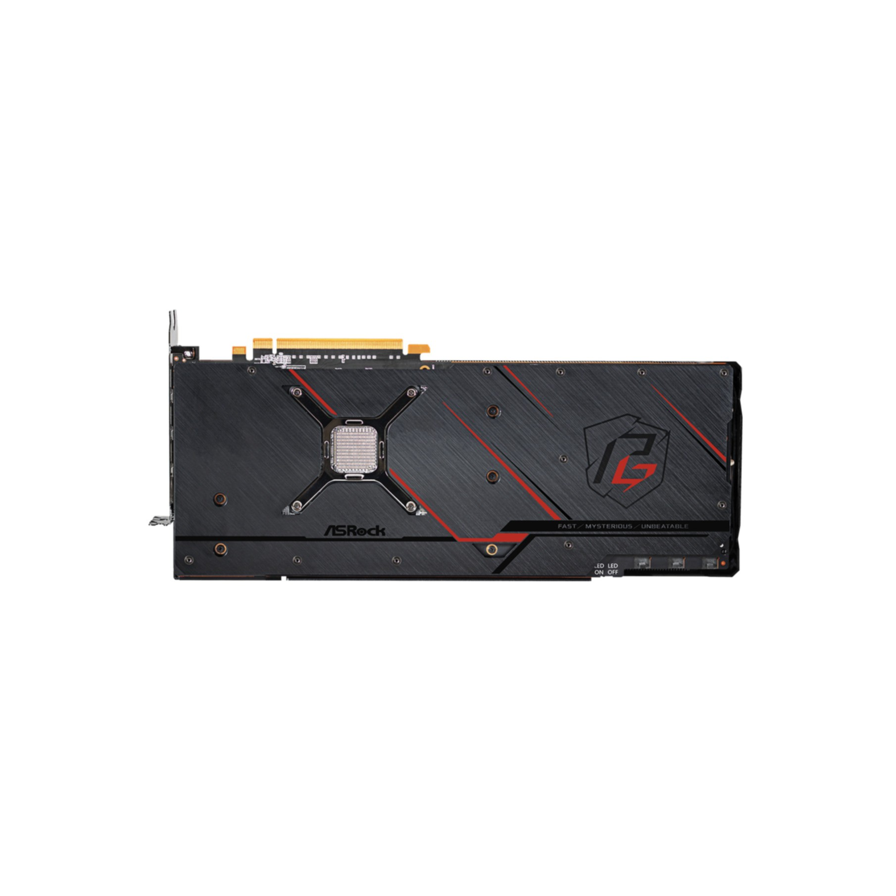 Scheda grafica nera e rossa con logo ASrock su sfondo bianco.