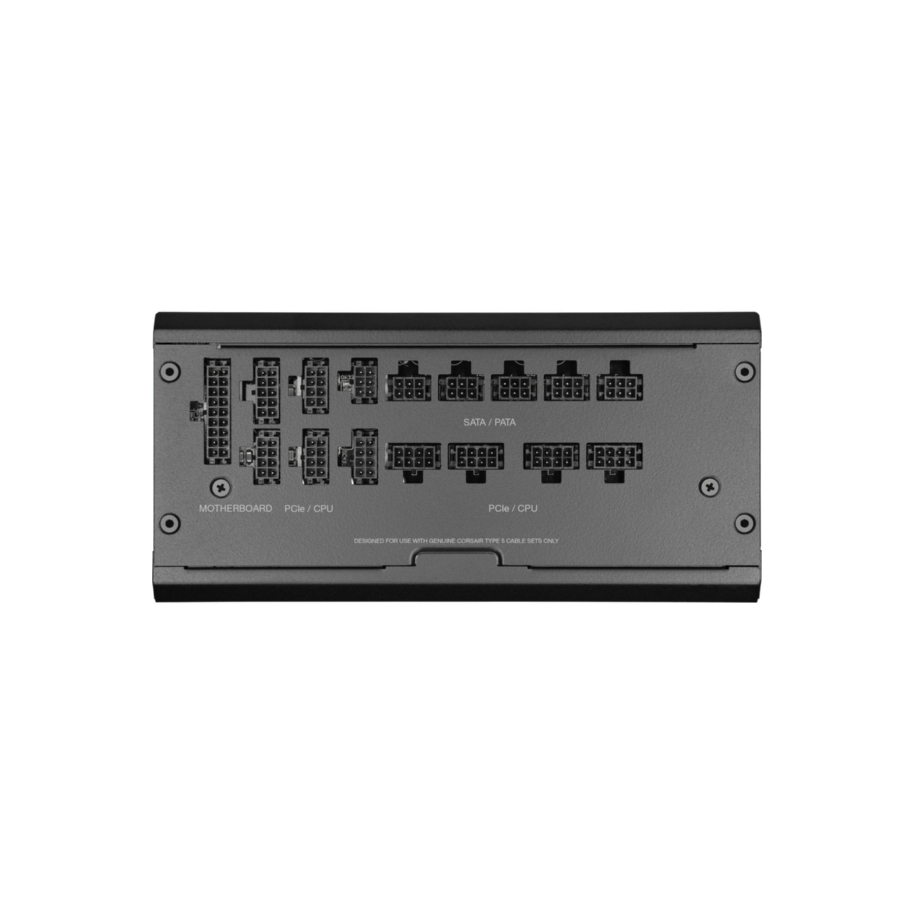 Een zwarte computer voeding met de aansluitpoorten, met de woorden 'SATA/PATA' en 'PCIe/CPU'.