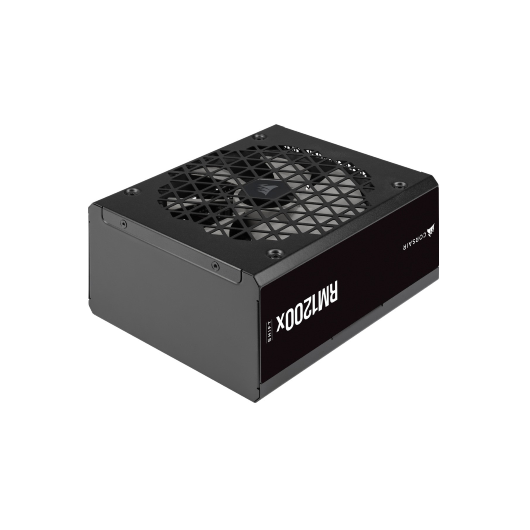 Zwarte voedingseenheid. Het heeft een rooster, een Corsair-logo en de tekst RM1200X.