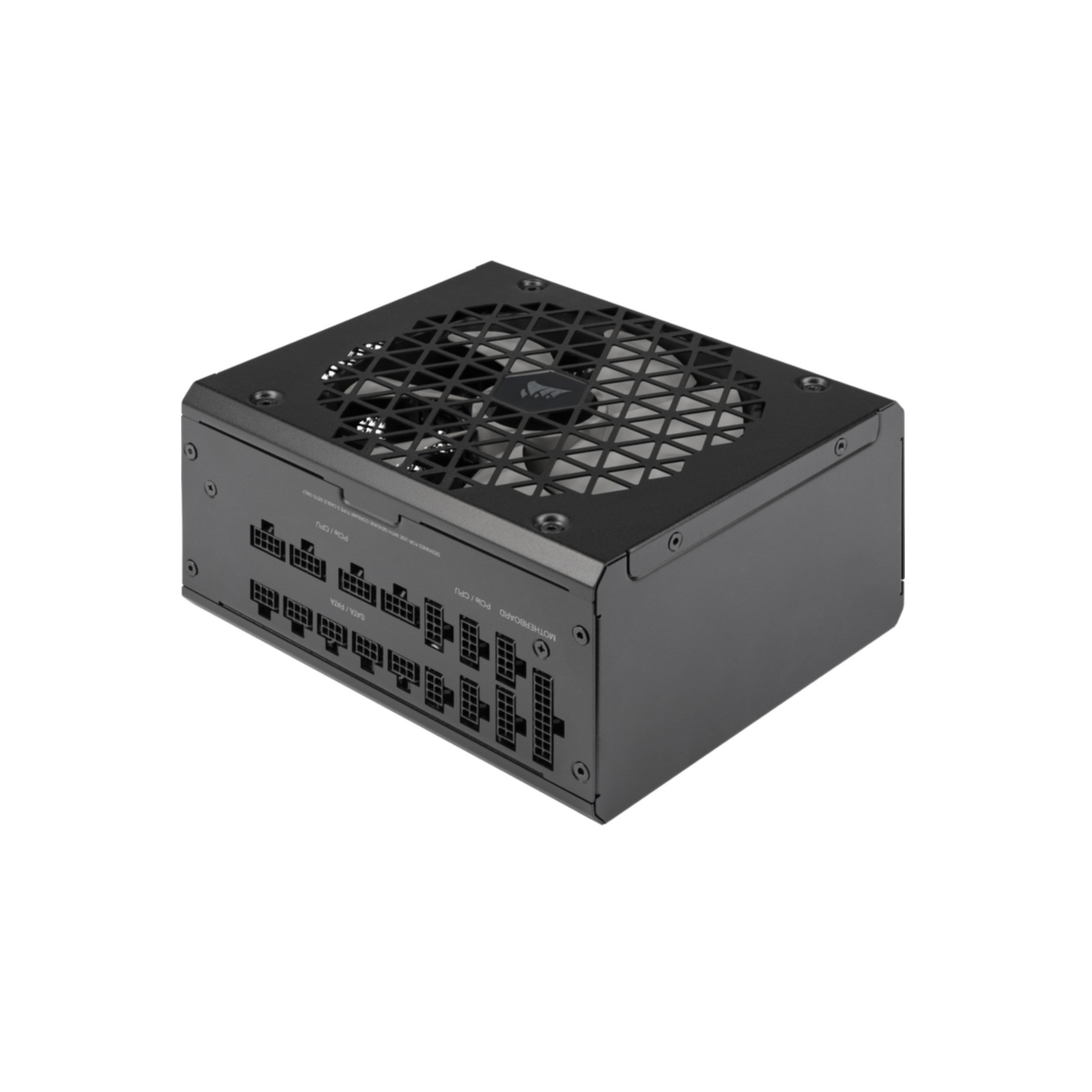 Zwarte computer voeding. Bovenaanzicht toont ventilatie en aansluitpoorten. Corsair logo is zichtbaar.