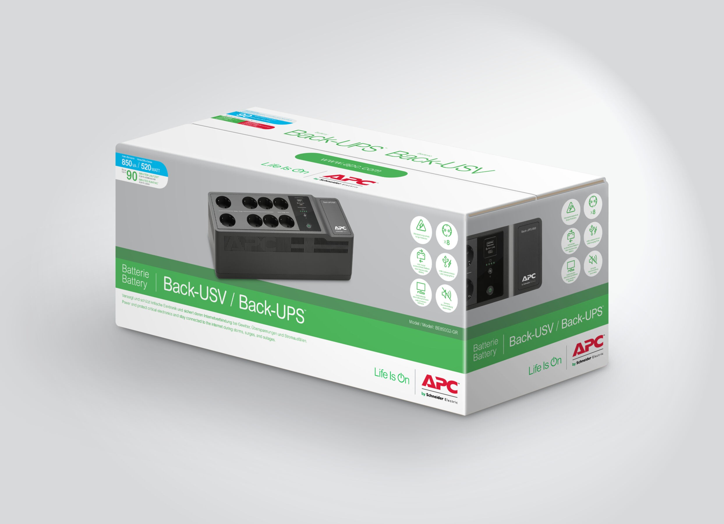 Scatola APC Back-UPS bianca e grigia su bianco. UPS nero davanti. Testo e loghi visibili.