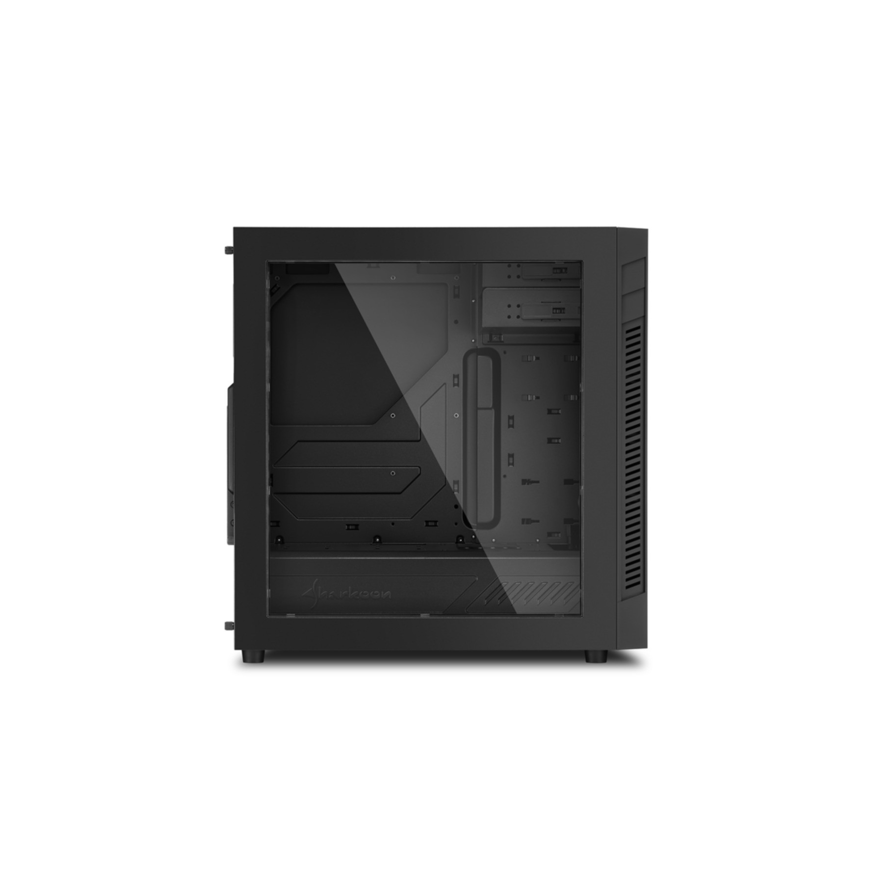 A black computer case with a transparent side panel, revealing internal components.