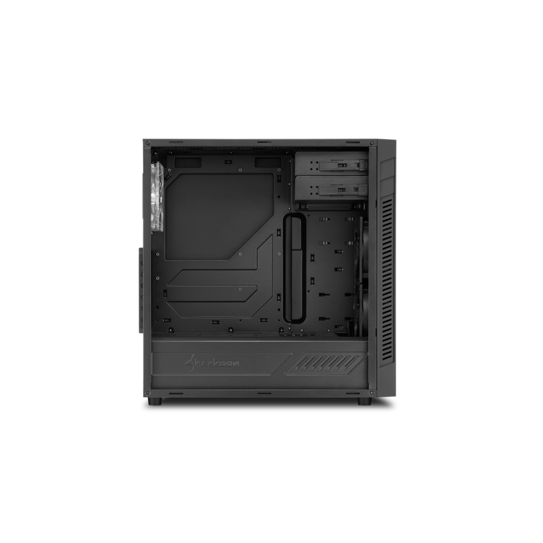 Black computer case interior with various mounting points and openings.