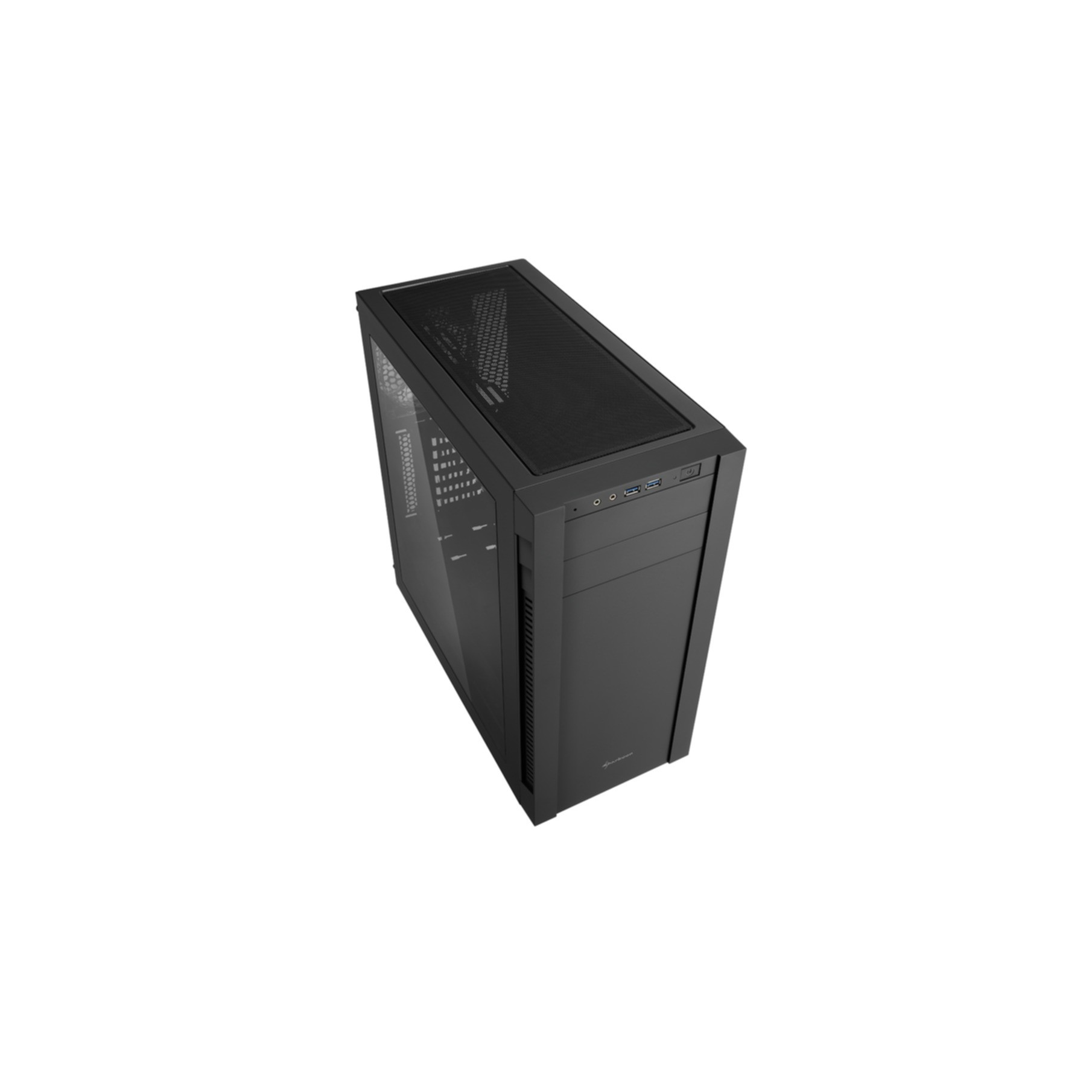 Black computer case, top view. Glass side panel, mesh top, and front panel.