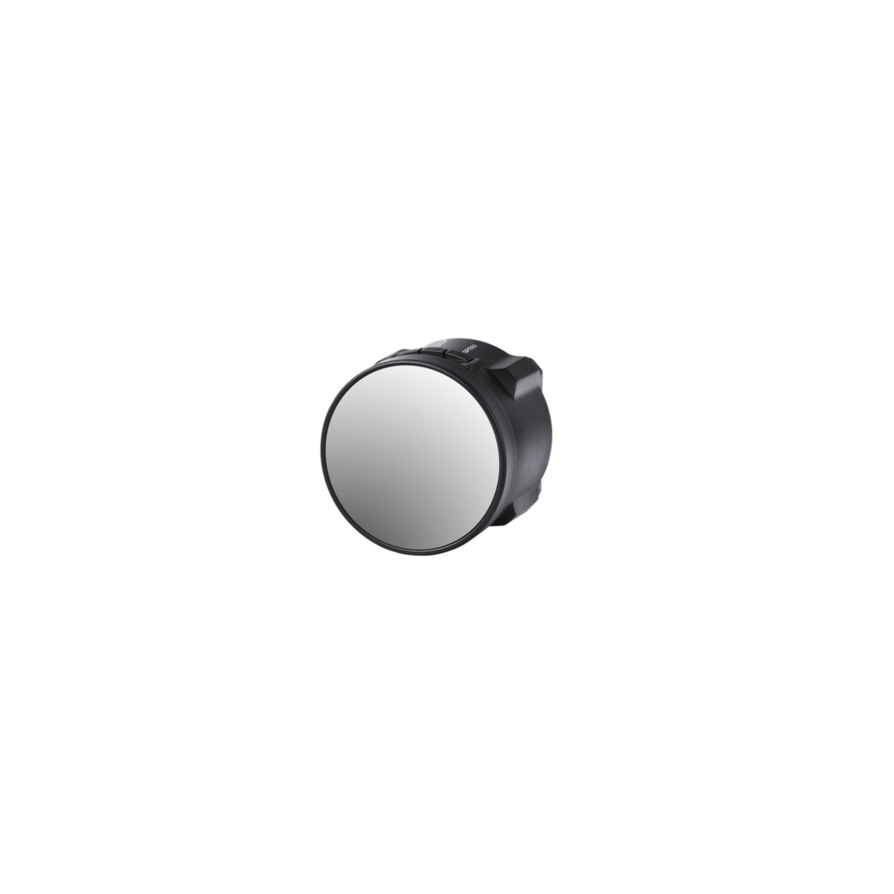 Ein schwarzer, runder Filter mit reflektierender Oberfläche auf weißem Hintergrund.