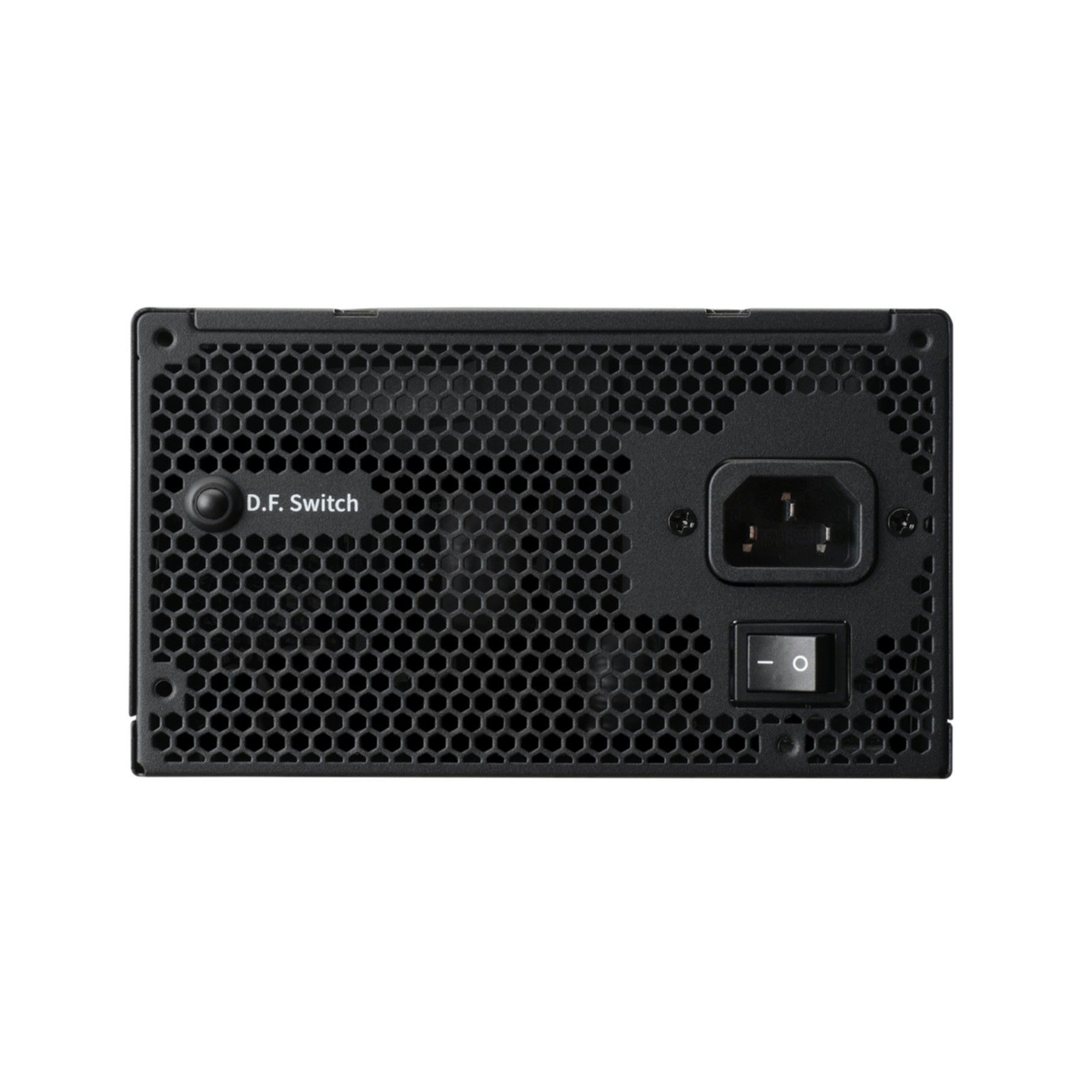 Czarny zasilacz PC z kratką o strukturze plastra miodu i przełącznikiem.