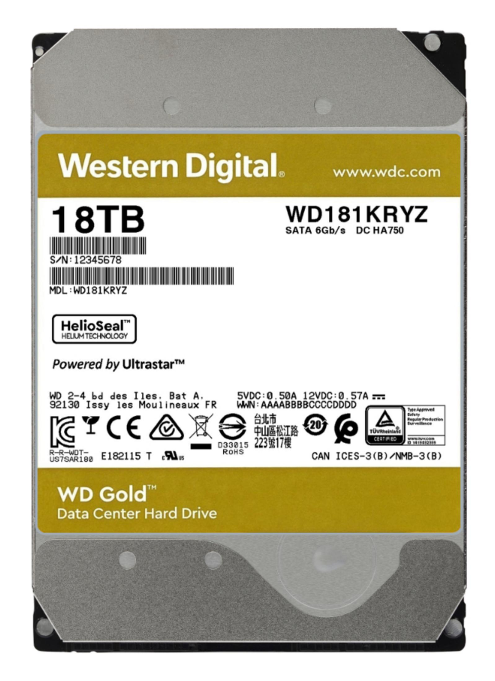Dysk twardy z etykietami. Marki 'Western Digital' i '18TB', ze specyfikacjami technicznymi.