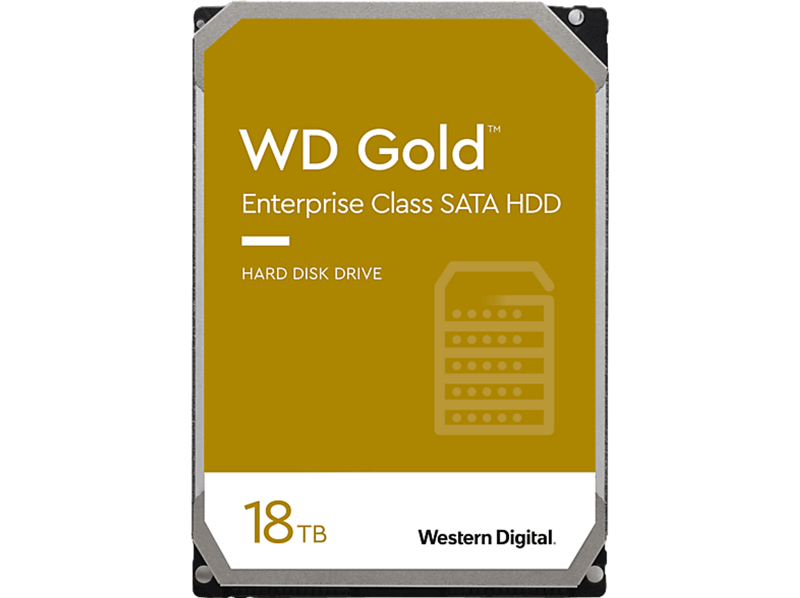 Dysk twardy WD Gold 18TB. Żółto-czarna etykieta, tekst napędu twardego i logo Western Digital.