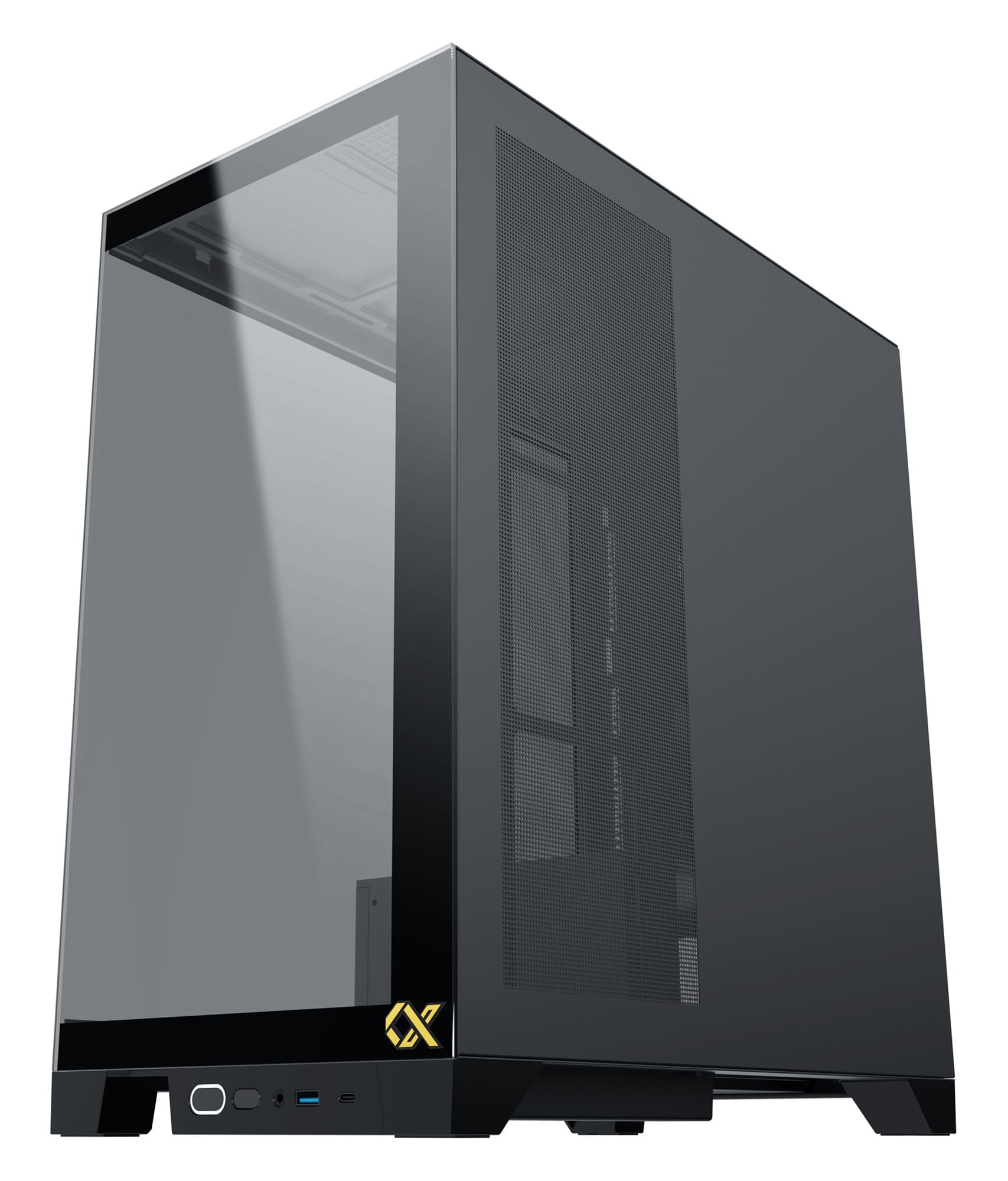 Schwarzes Computergehäuse. Glas-Seitenwand. Gold Logo. Schlankes Design.