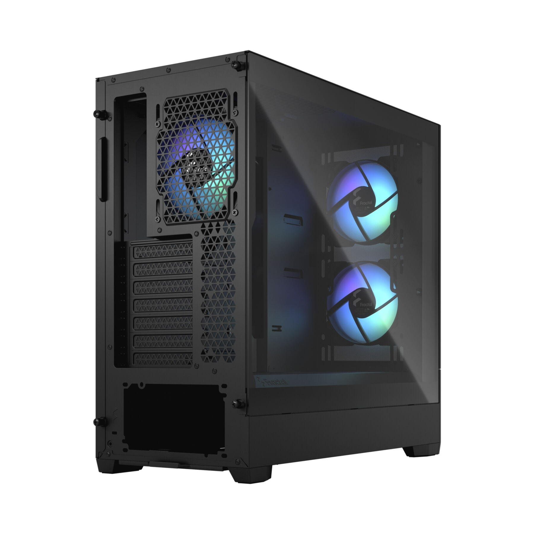 A black computer case with glass side panel, showing internal components and fans.