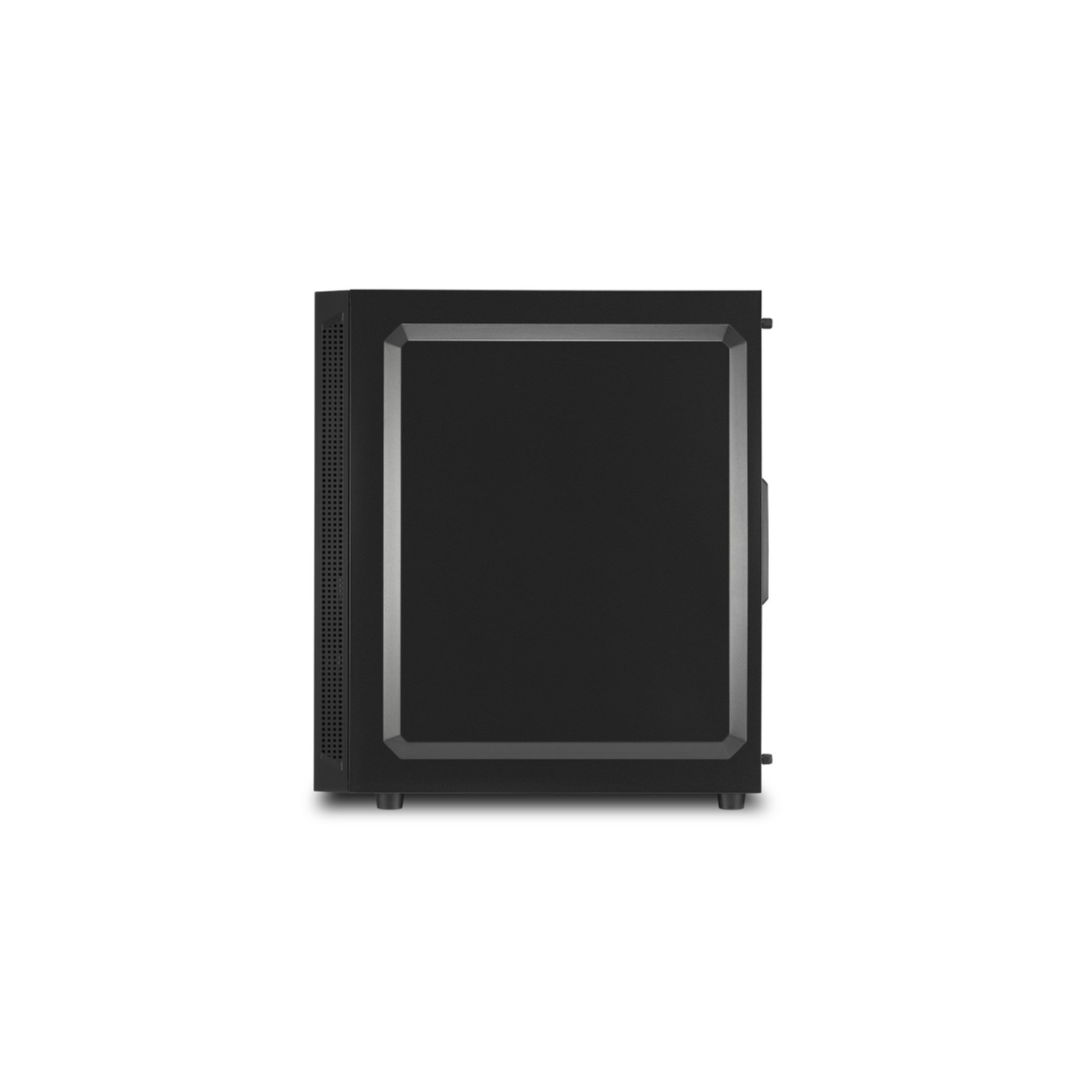 Schwarzes Computergehäuse mit Glasseitenwand auf weißem Hintergrund.