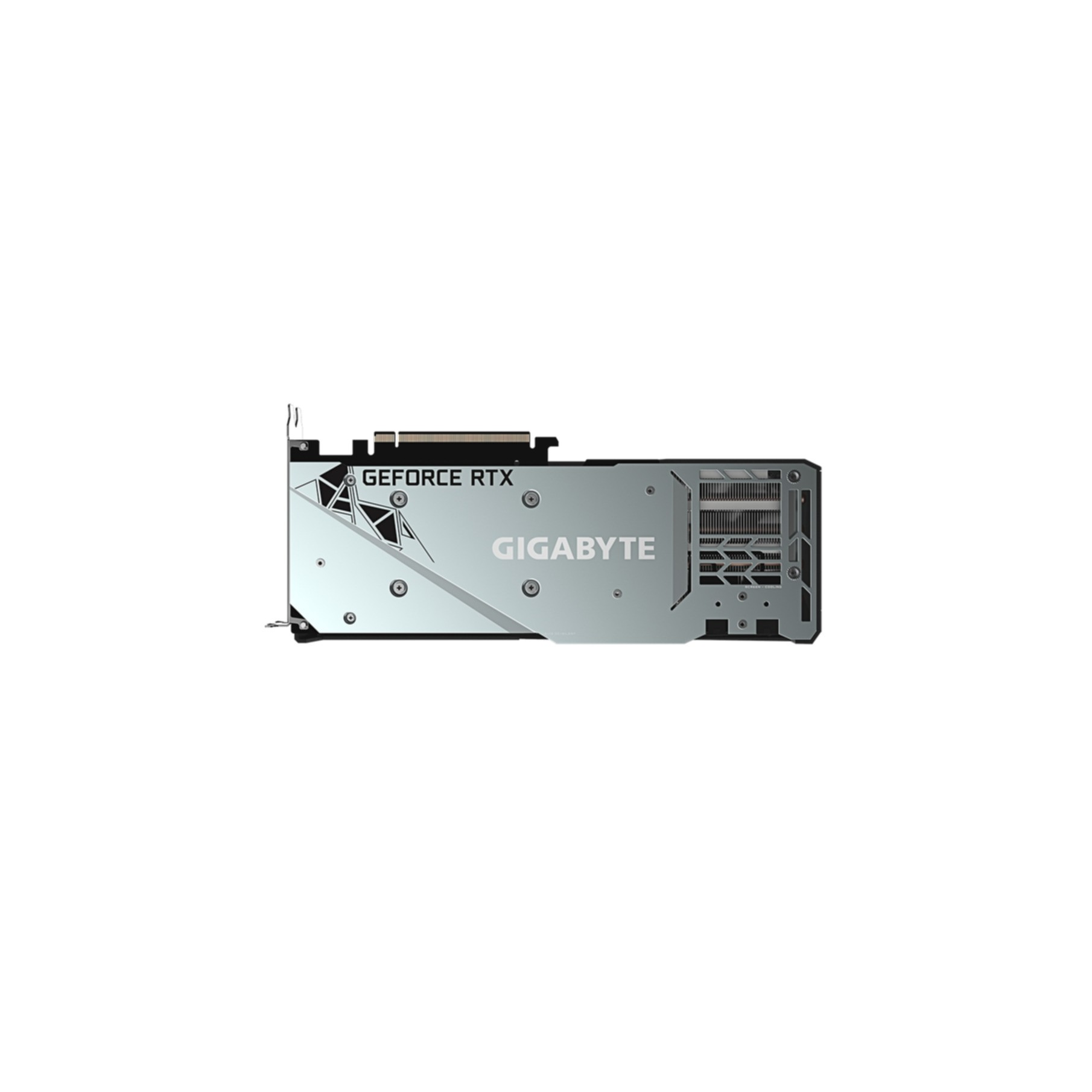 Een zilveren Gigabyte grafische kaart achterkant met GeForce RTX logo.