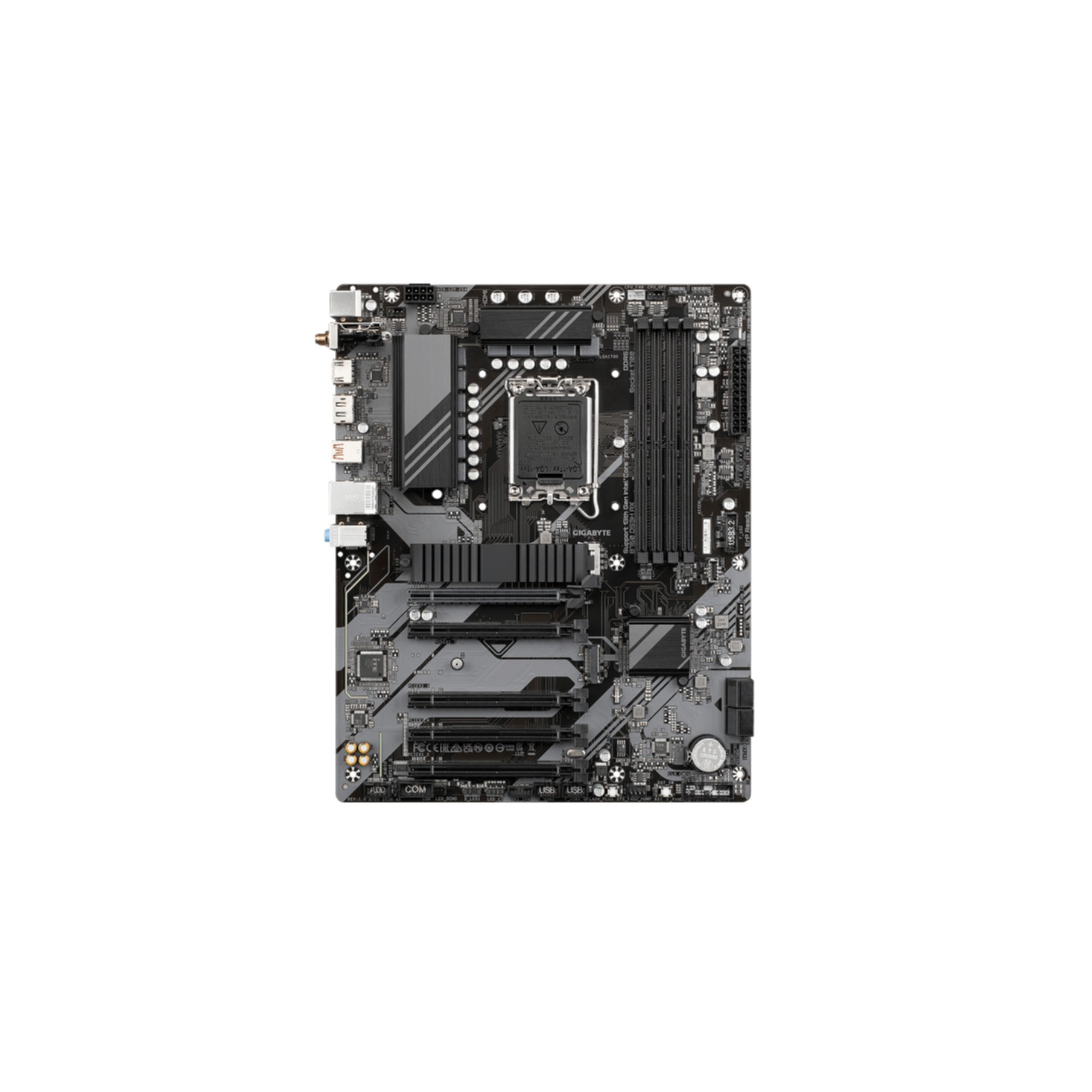 Czarna i szara płyta główna komputera z różnymi portami i komponentami.