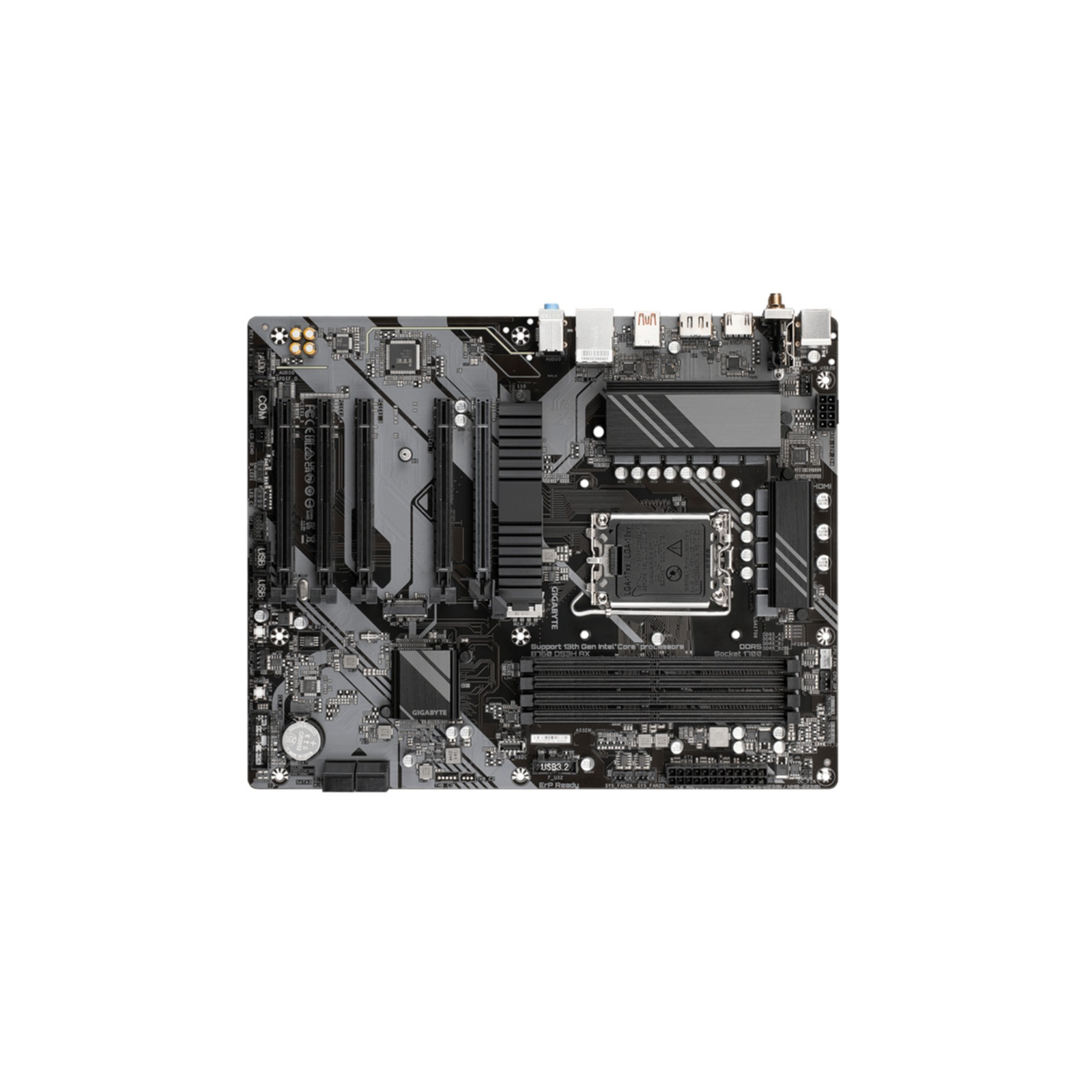 Czarna i szara płyta główna z różnymi komponentami i złączami.