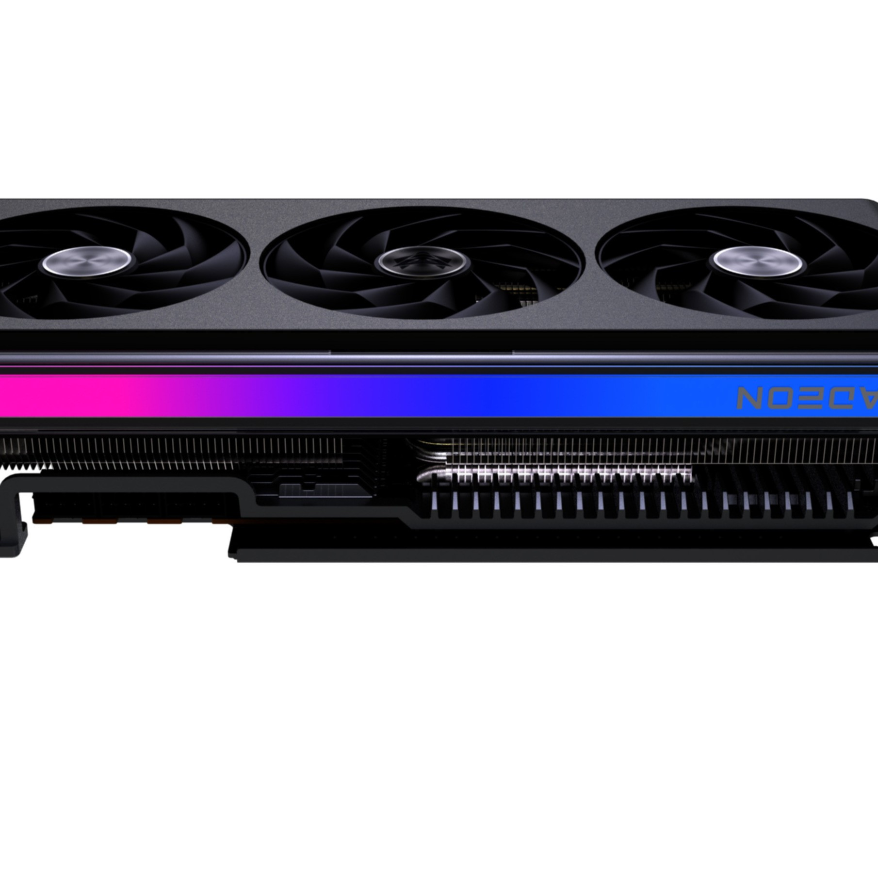 Karta graficzna z czarnymi wentylatorami i centralnie podświetlaną sekcją z tekstem Radeon.