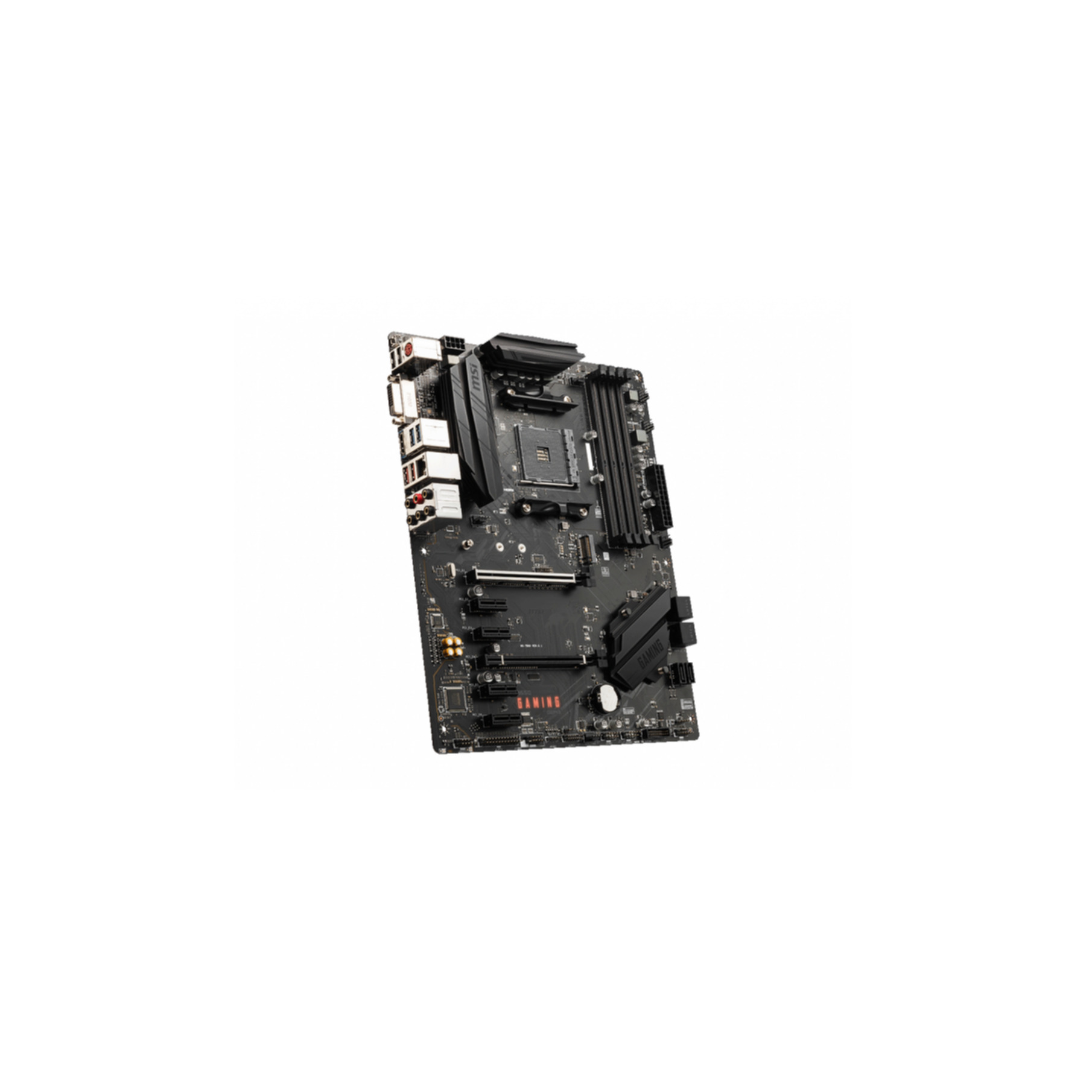 Schwarzes Computer-Motherboard, verschiedene Komponenten sichtbar, weißer Hintergrund, schräge Aufnahme.