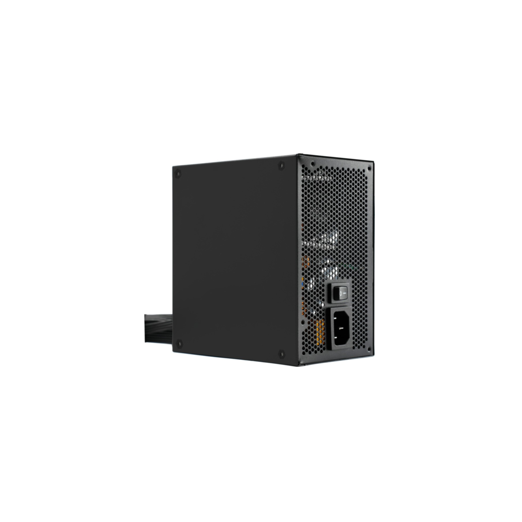 Czarny zasilacz, z siatkowym tyłem, wejściem zasilania i przełącznikiem.