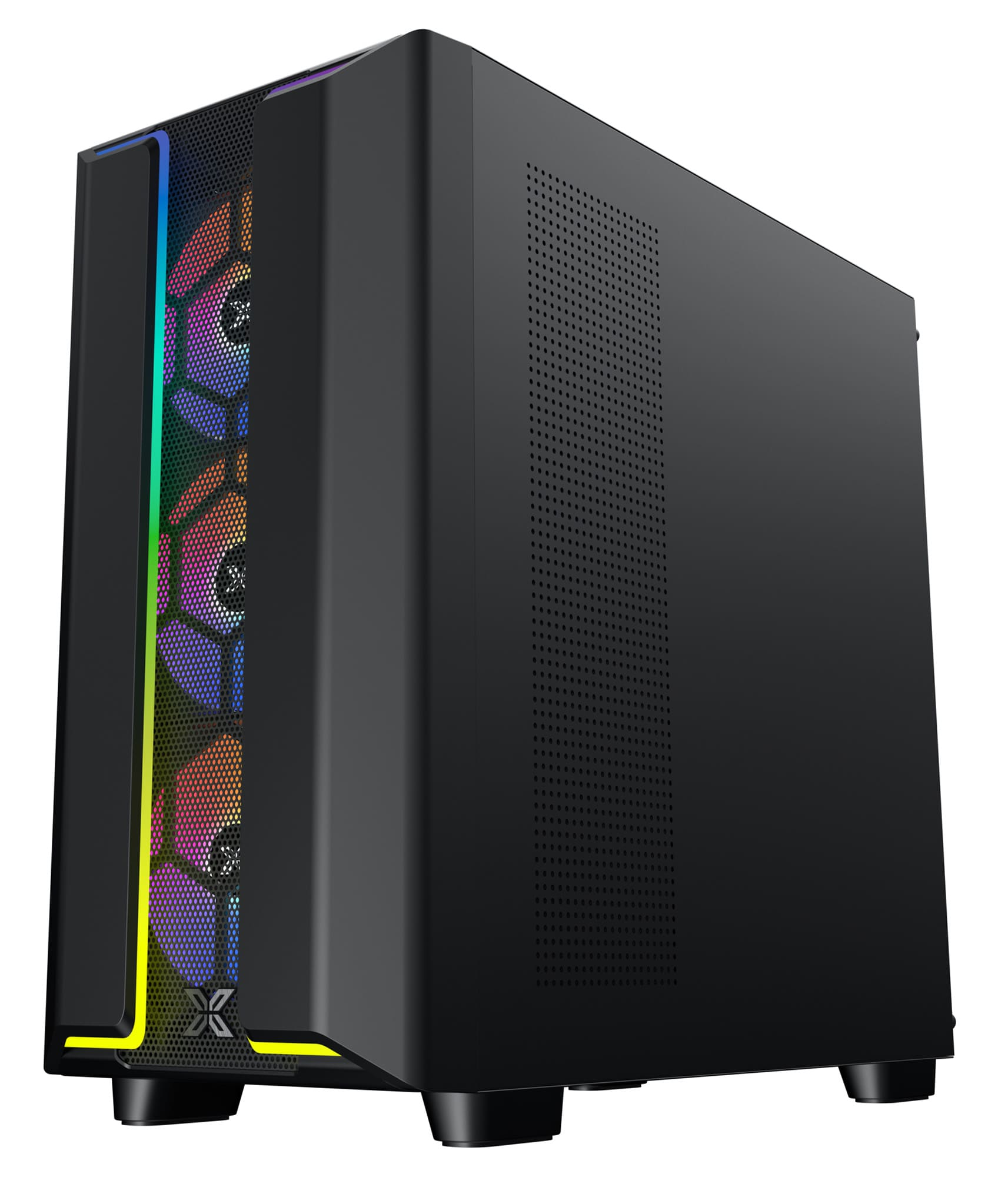 Schwarzes Computergehäuse mit RGB-Lüftern, von vorne sichtbar. Seitenansicht.