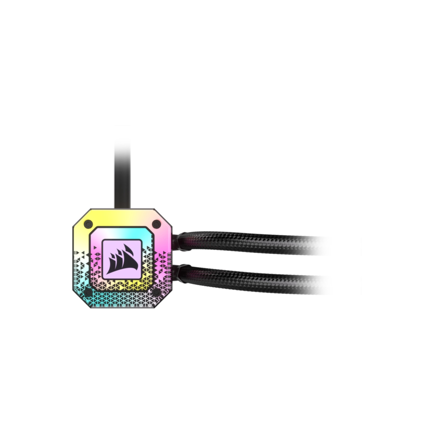 Chłodnica procesora Corsair z wielokolorowym podświetlanym blokiem i dwoma czarnymi rurkami.