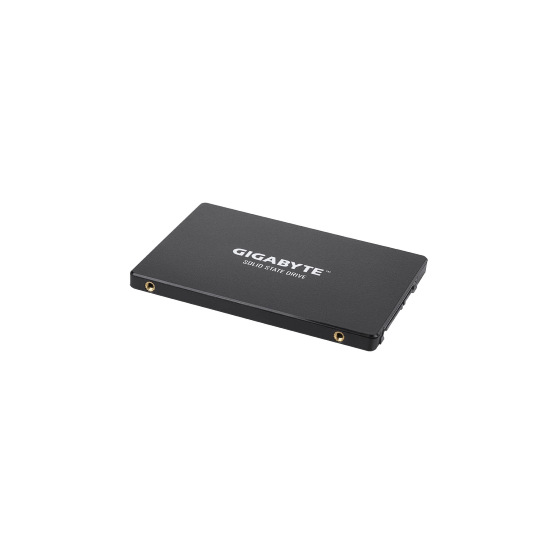 Disque SSD Gigabyte noir sur fond blanc, montrant le nom de la marque.