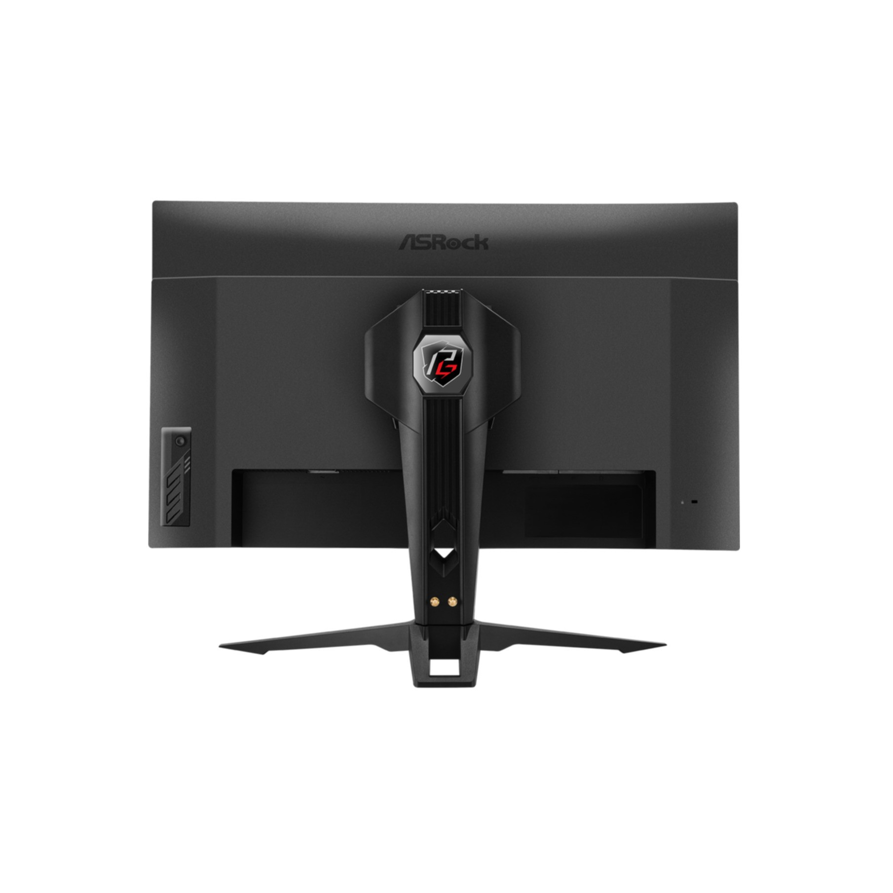 Rückseite des schwarzen Computermonitors. Ständer, Markenname und Anschlüsse sichtbar.