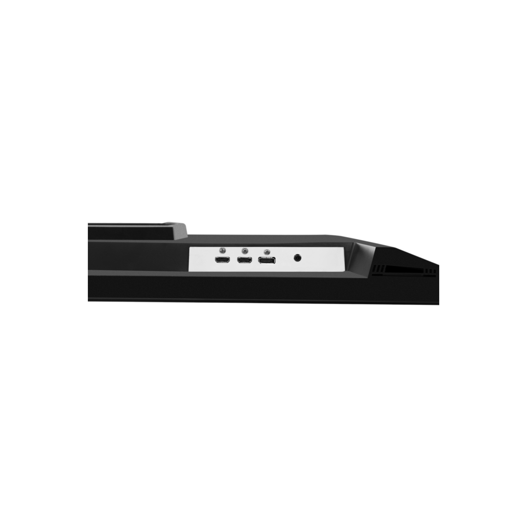 Rückseite eines schwarzen Monitors mit Anschlüssen. Zu den Anschlüssen gehören HDMI und Audio.