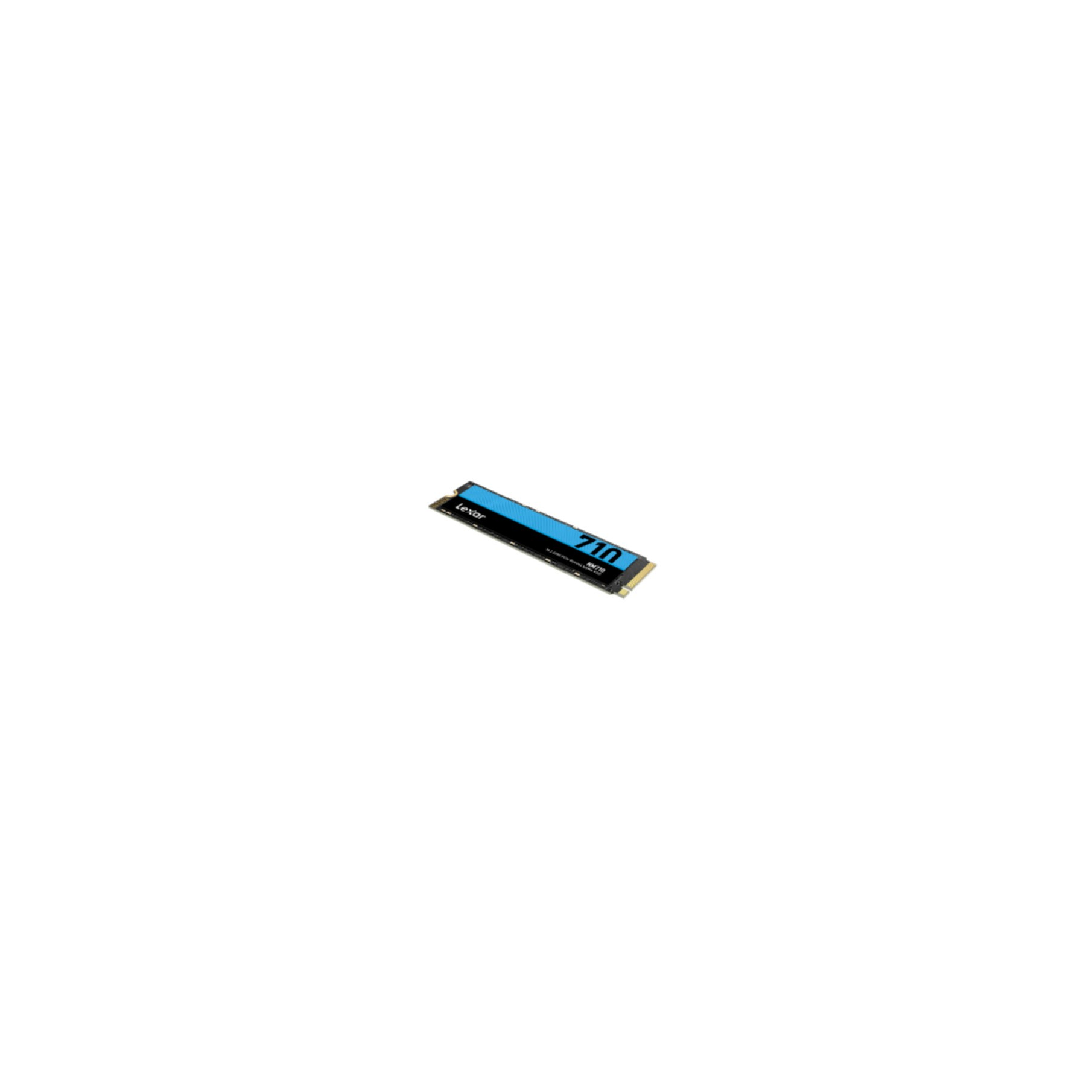 Un SSD Lexar negro con una etiqueta azul sobre un fondo blanco.