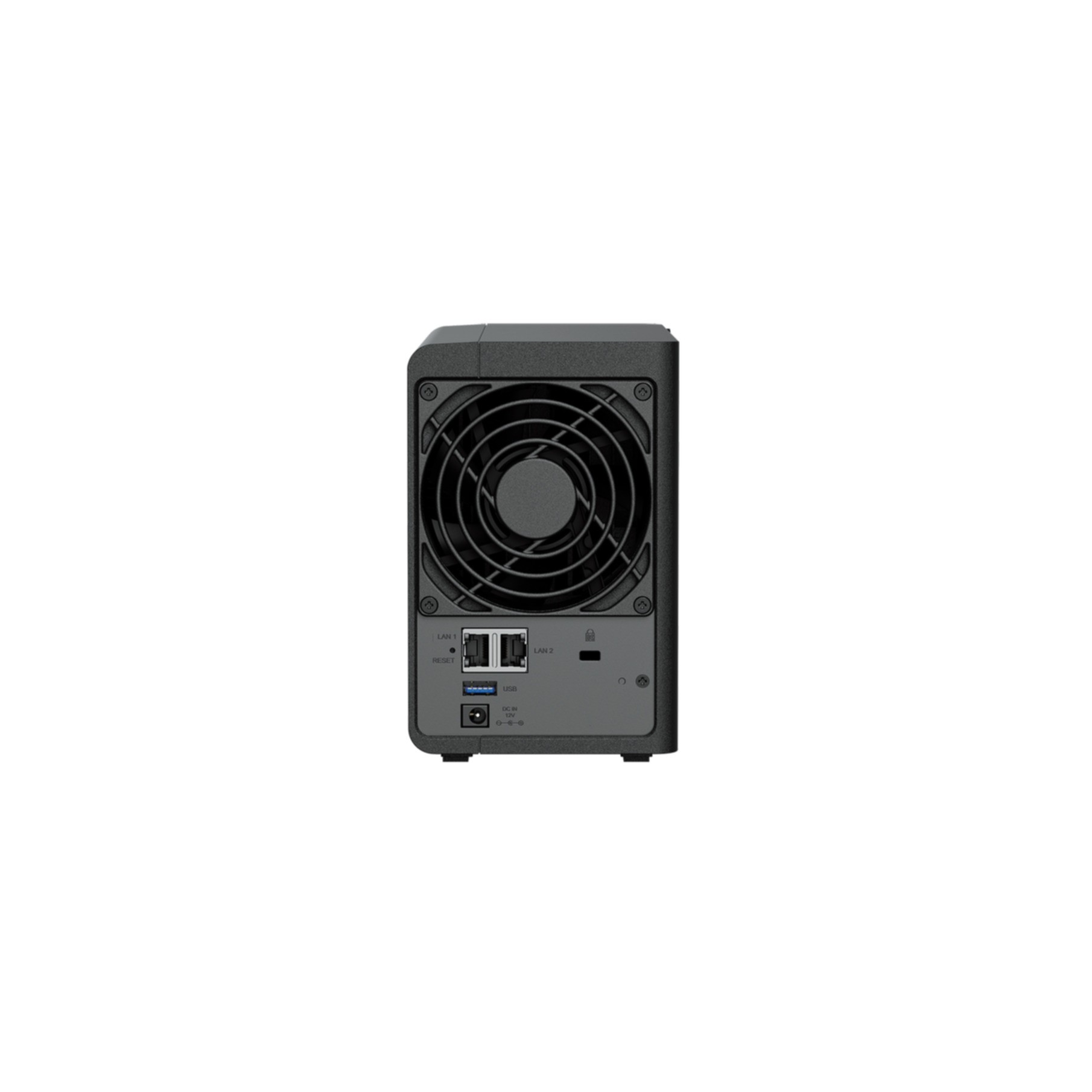Dispositivo NAS negro con ventilador en la parte trasera y puertos.