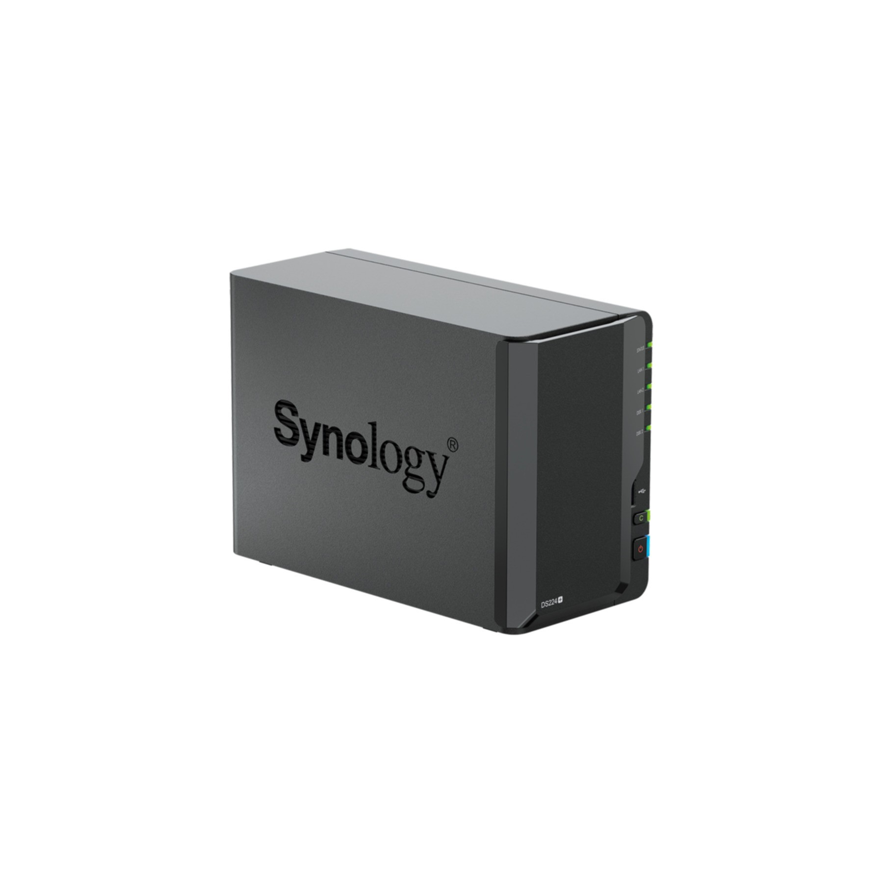 Dispositivo NAS Synology negro con el logotipo de Synology, sobre fondo blanco.