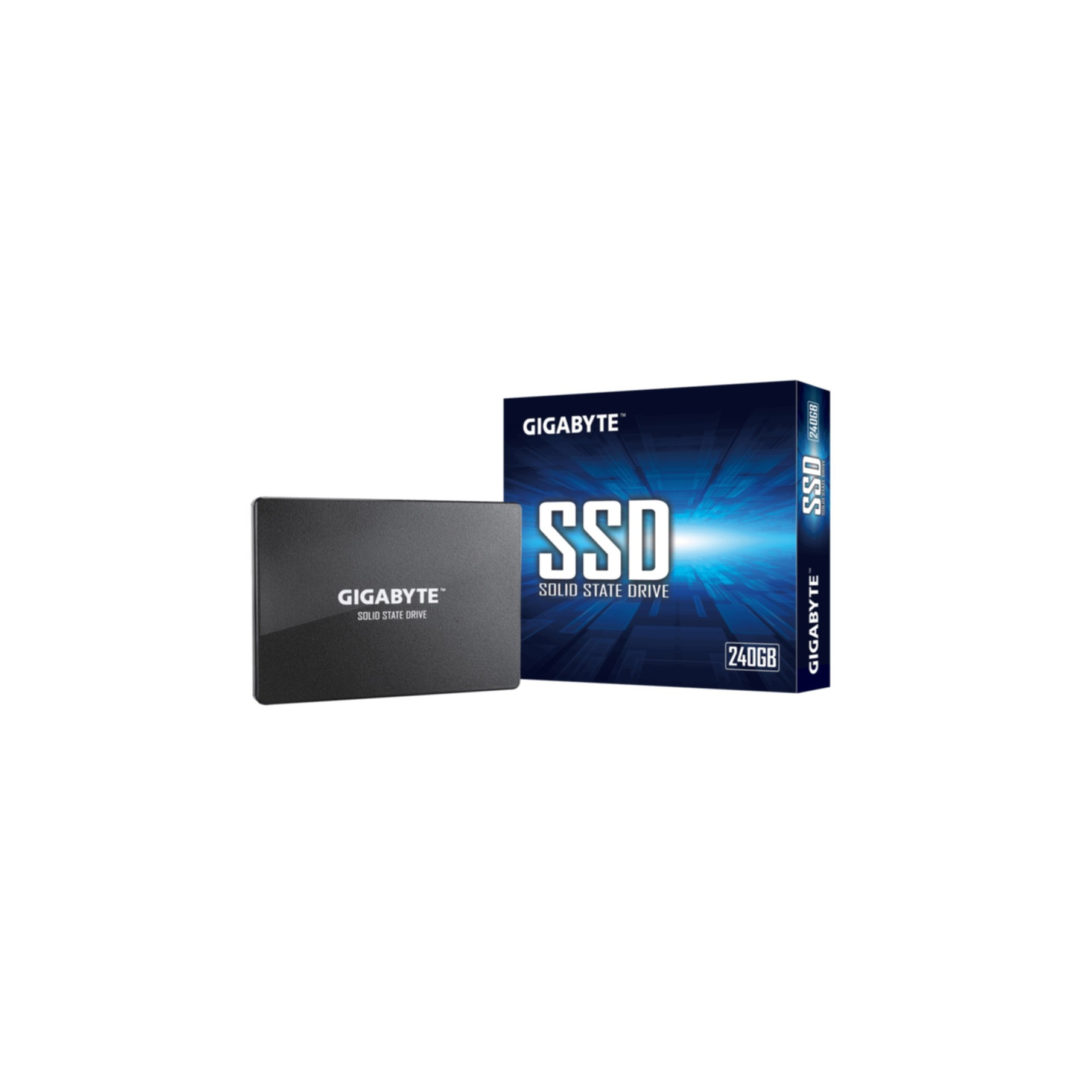 Dysk SSD i pudełko Gigabyte. Dysk SSD jest czarny, a pudełko czarno-pomarańczowe, białe tło.